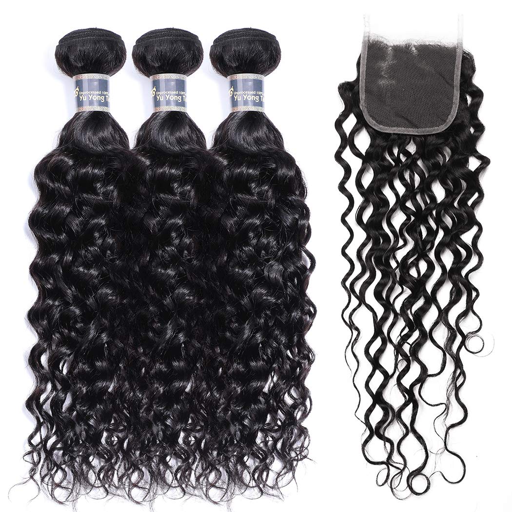 Water Wave Hair Bundles with Closure (10 12 14 +8) Wet and Wavy Brazilian Virgin Human Hair 3 Bundles with 4x4 Lace Closure Free Part Unprocessed 1B Color Ocean Wave Hair Extensions