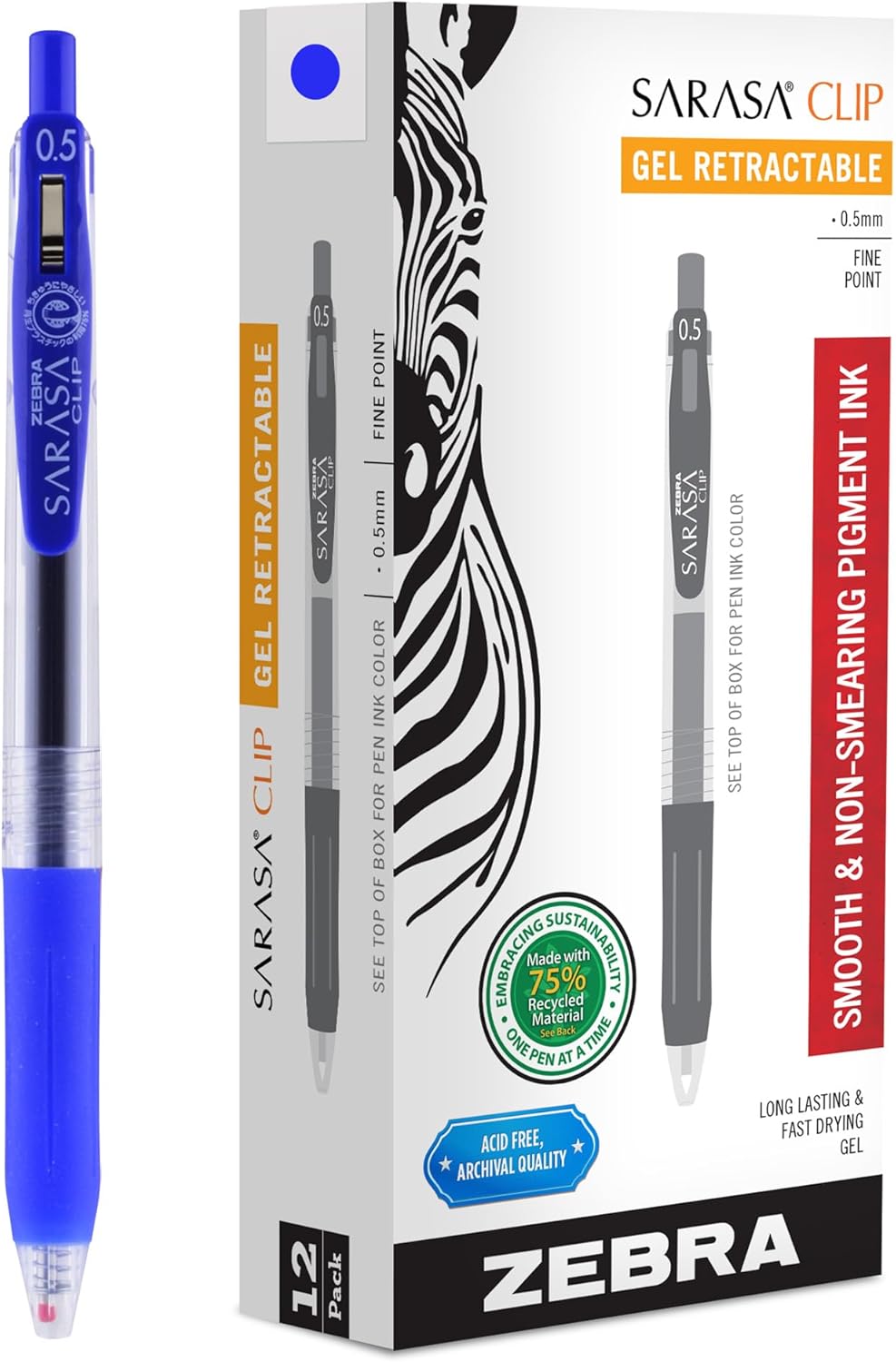Zebra Pen Sarasa Clip Recycled Retractable Gel Pen, 0.5mm Fine Point, Blue Ink, Water-Based, Ideal for Office and School, Journal, Note Taking and Planner Use, 75% Recycled,12-Pack (47320AMZ)