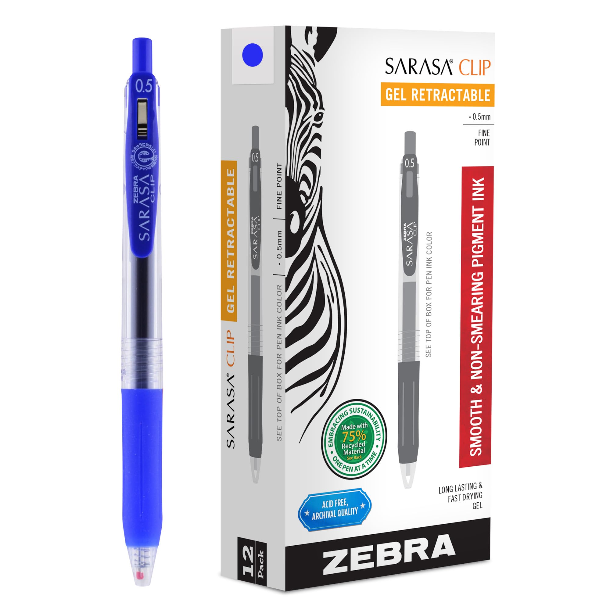 Zebra Pen Sarasa Clip Retractable Gel Pen, Fine Point, 0.5mm, Blue Ink, 12-Pack