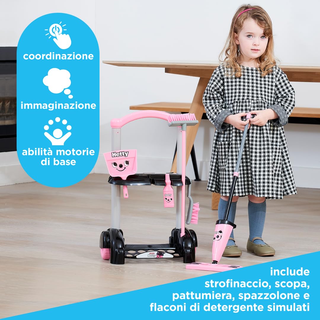 Casdon Giocattoli Henry & Hetty - Carrello per le pulizie Hetty - Set rosa ispirato a Hetty con scopa, spazzole, paletta e accessori - Carrello per le pulizie per bambini - Età: 3+ anni