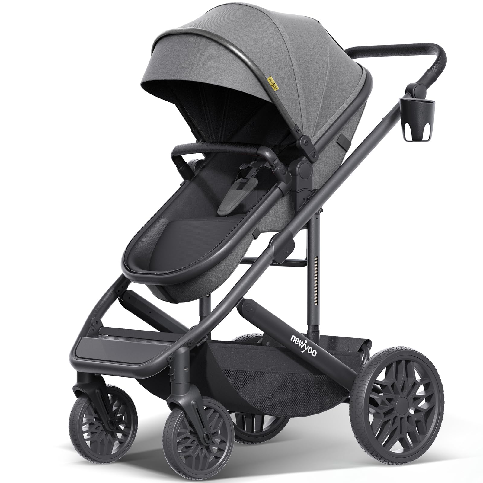 newyoo Bassinet Stroller for Baby, Convertible Infant Strollers w Reversible Seat & Cup Holder, 2-in-1 Rear-Facing Pram from Newborn to Toddler, One-Hand Easy Fold, Coches para Bebes, 516M, Grey