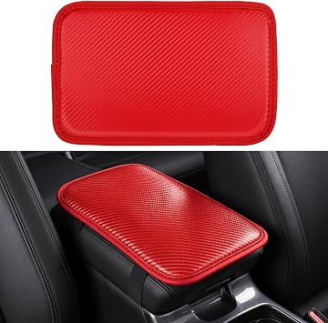 Amiss Car Center Console Pad, Universal Waterproof Car Armrest Seat Box Cover, Car Interior Accessories, Carbon Fiber PU Leather Auto Armrest Cover Protector for Most Vehicle, SUV, Truck, Car Red
