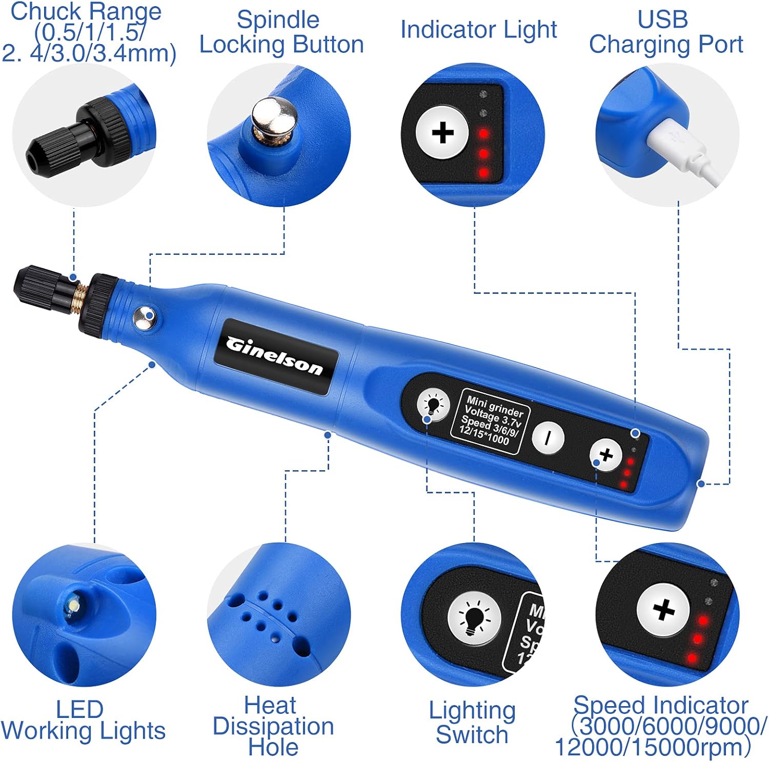 GINELSON Cordless Rotary Tool, 3.7V Li-ion Mini Rotary Accessory Kit with LED Light, 5-Speed and USB Charging Power Tool with 60 Accessories for Drilling, Engraving, Sanding, Polishing, and Cutting - - 