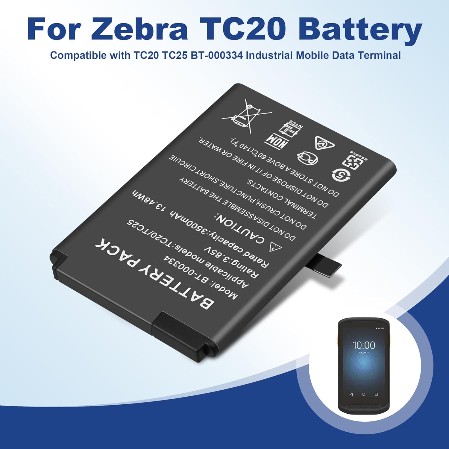 for Zebra BT-000334 Scanner Battery Replacement - for Zebra TC20 TC25 TC200J TC25CJ BT-000334 BT-000334-01 Barcode Scanner Battery for Industrial Mobile Data Terminal 3500mAh - Image 2
