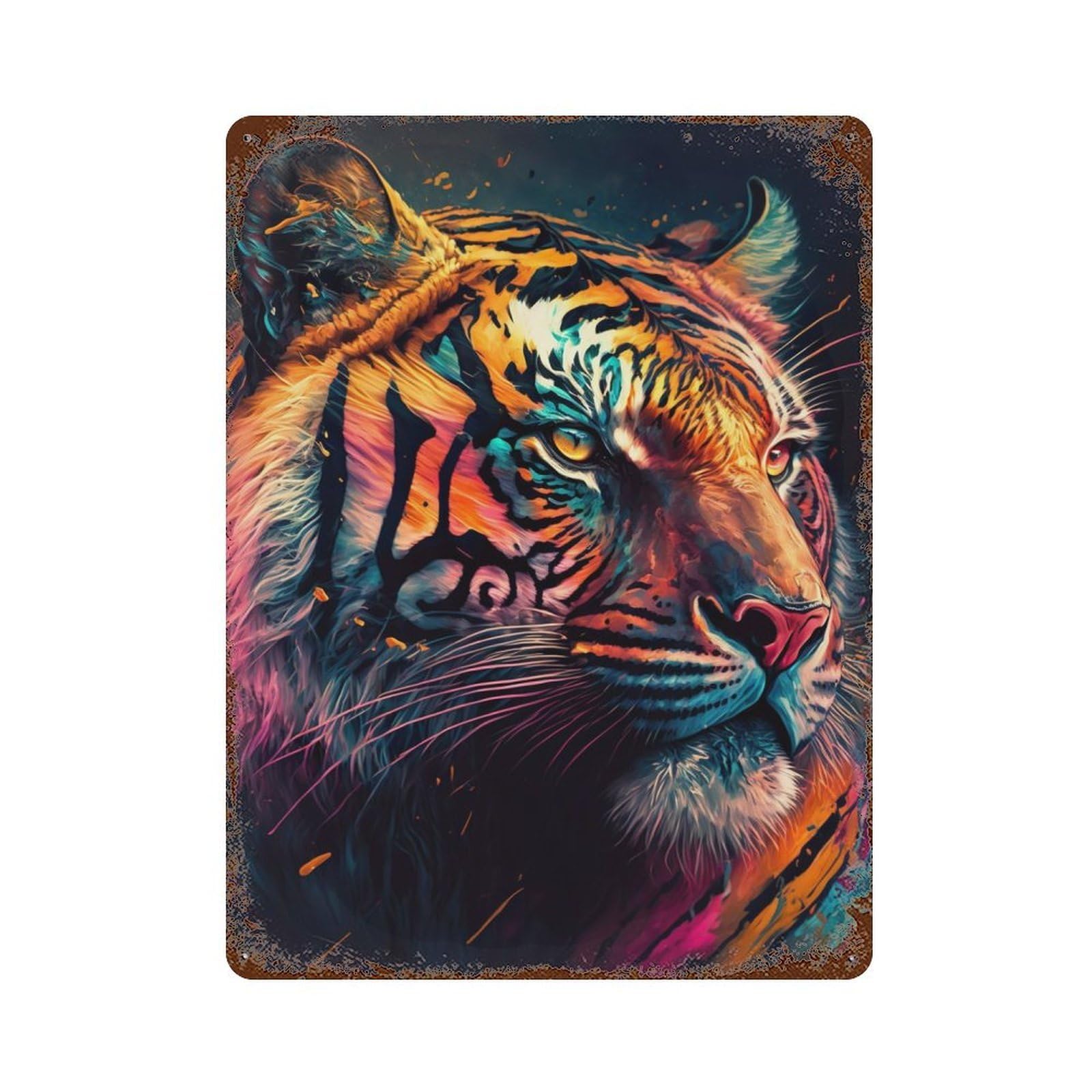 Vintage Rust Metal Sign with Colorful Tiger Portrait Design 15.7"x11.8", for Shed, Workshop And Garage Wall Decor, Classic Wall Plaque