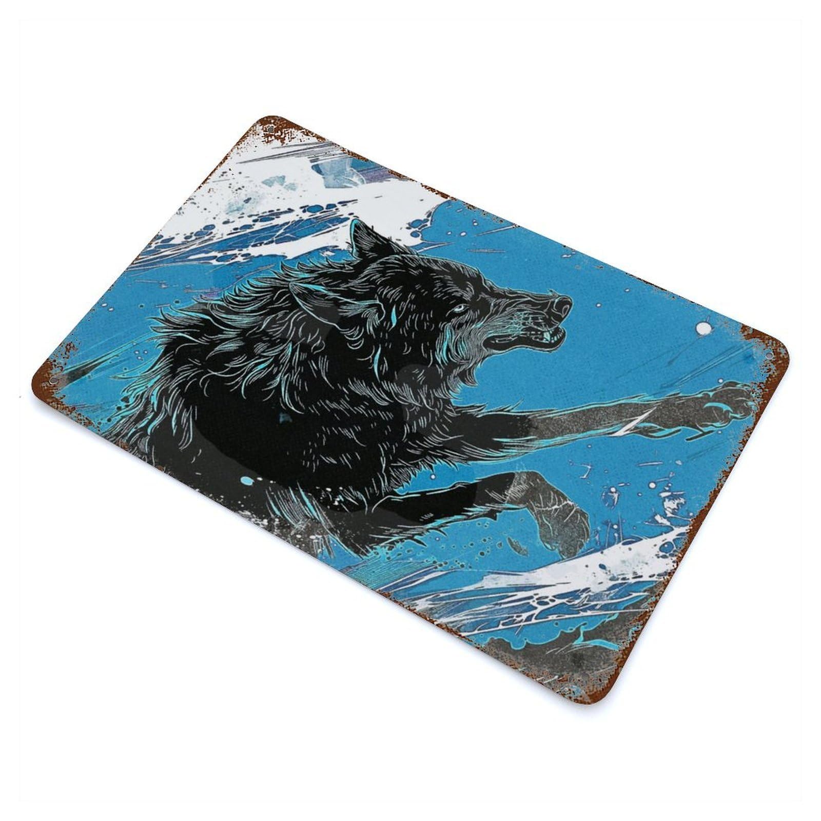 Weathered Tin Sign Wolf Hunting 11.8"x7.9", Rustic Home Decor for Basement, Hobby Room And Garage Decor
