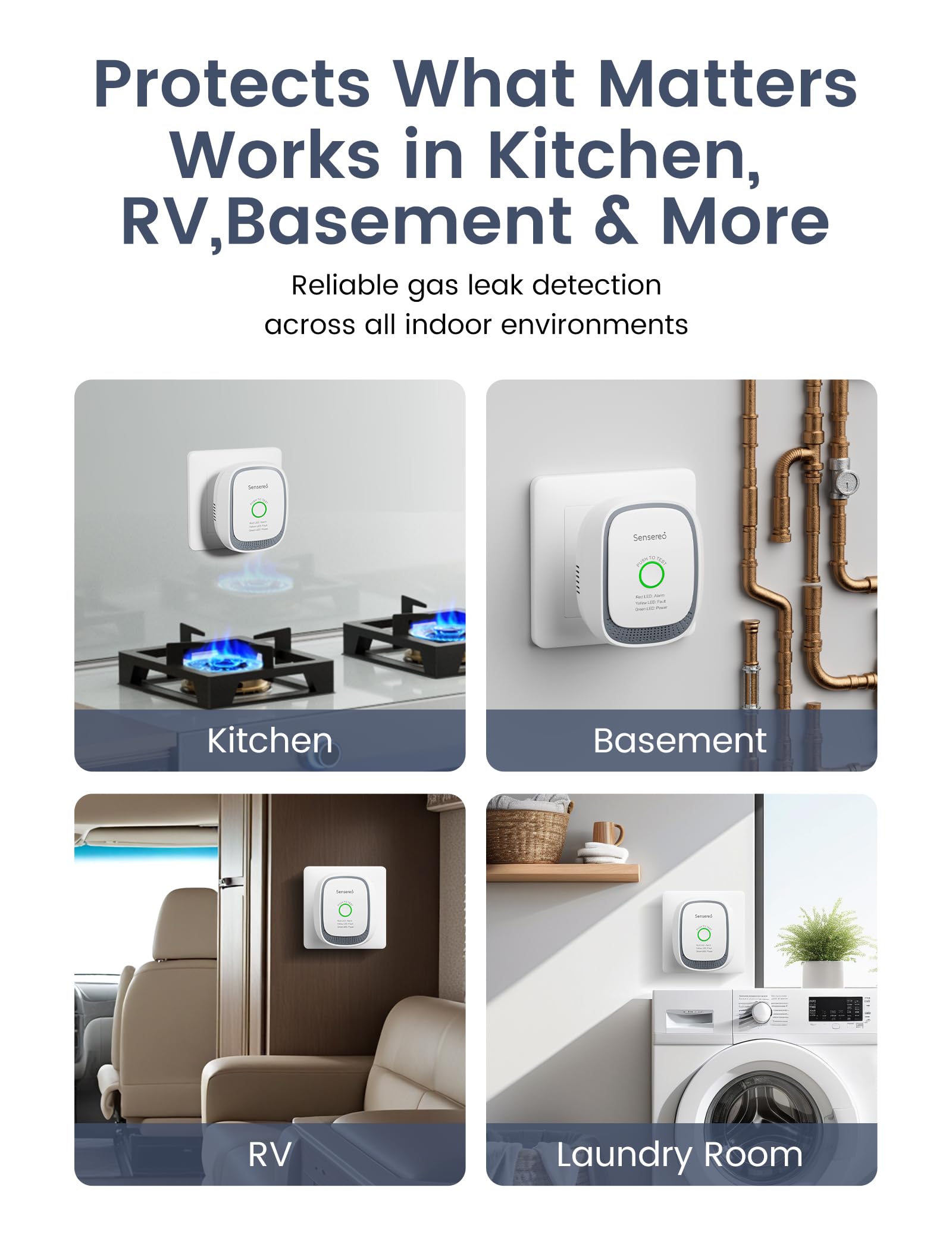 Détecteur de Gaz Naturel Sensereo CG-1, Branché sur Prise, Alarme 70dB avec LED et Auto-Test, Capteur Haute Sensibilité pour Gaz Méthane, Usage Domestique et Professionnel