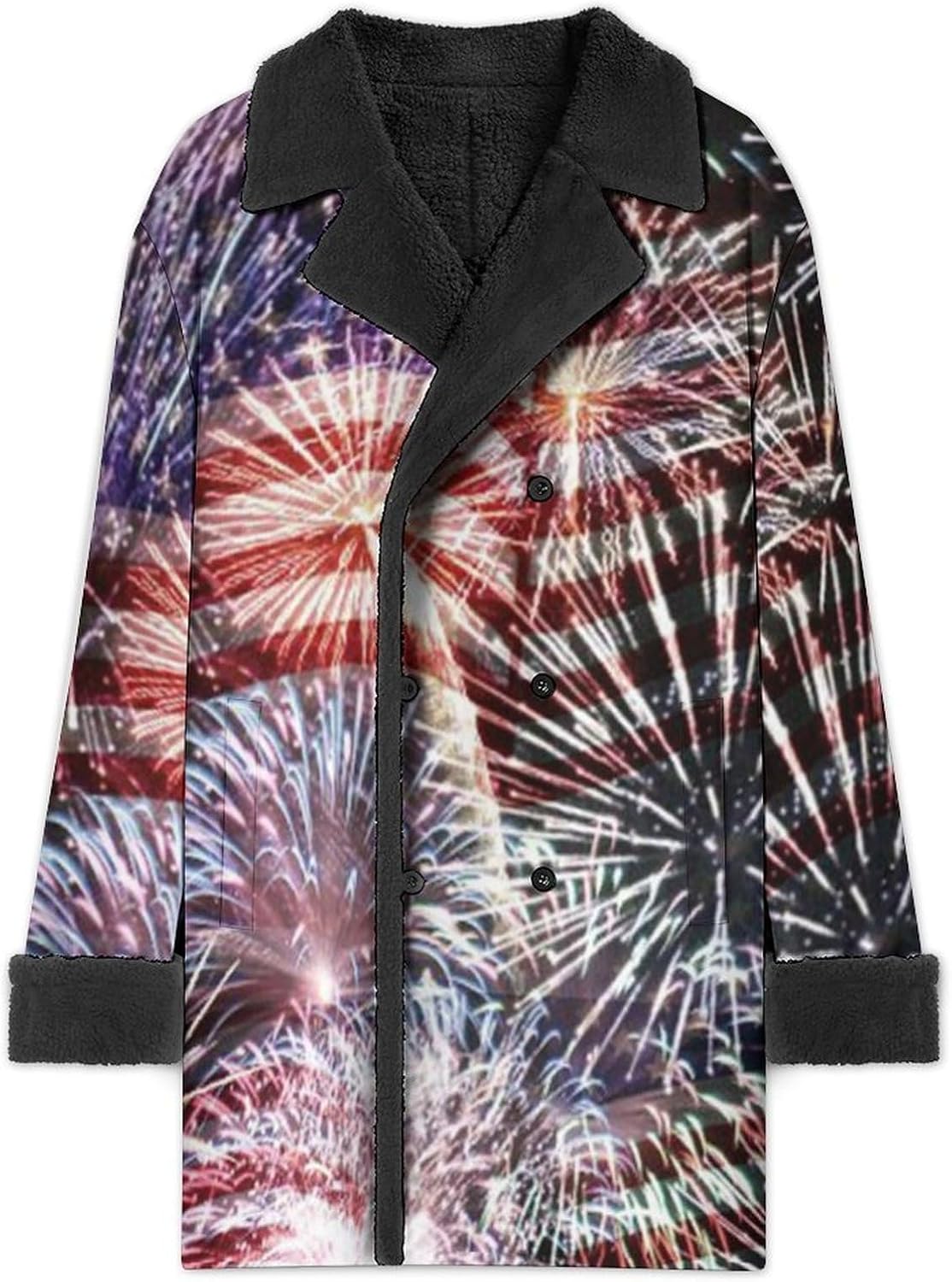 U.S. Flag Fireworks July 4th Mens Coat Double Breasted Trench Collar Peacoat Winter Fleece Jacket Overcoat