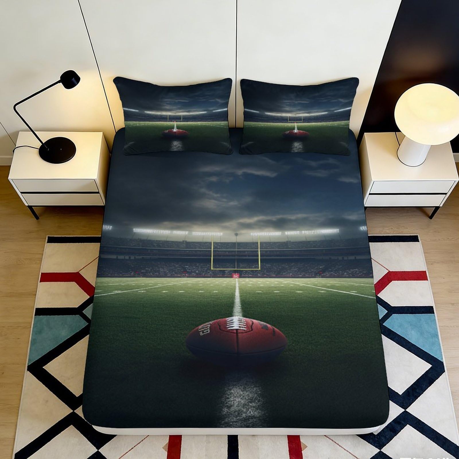 3D Printed Football Stadium Fitted Sheet Microfiber Soft Anti-Slip Soccer Field Mattress Cover for Bedroom Guestroom Decor 90x200x25cm