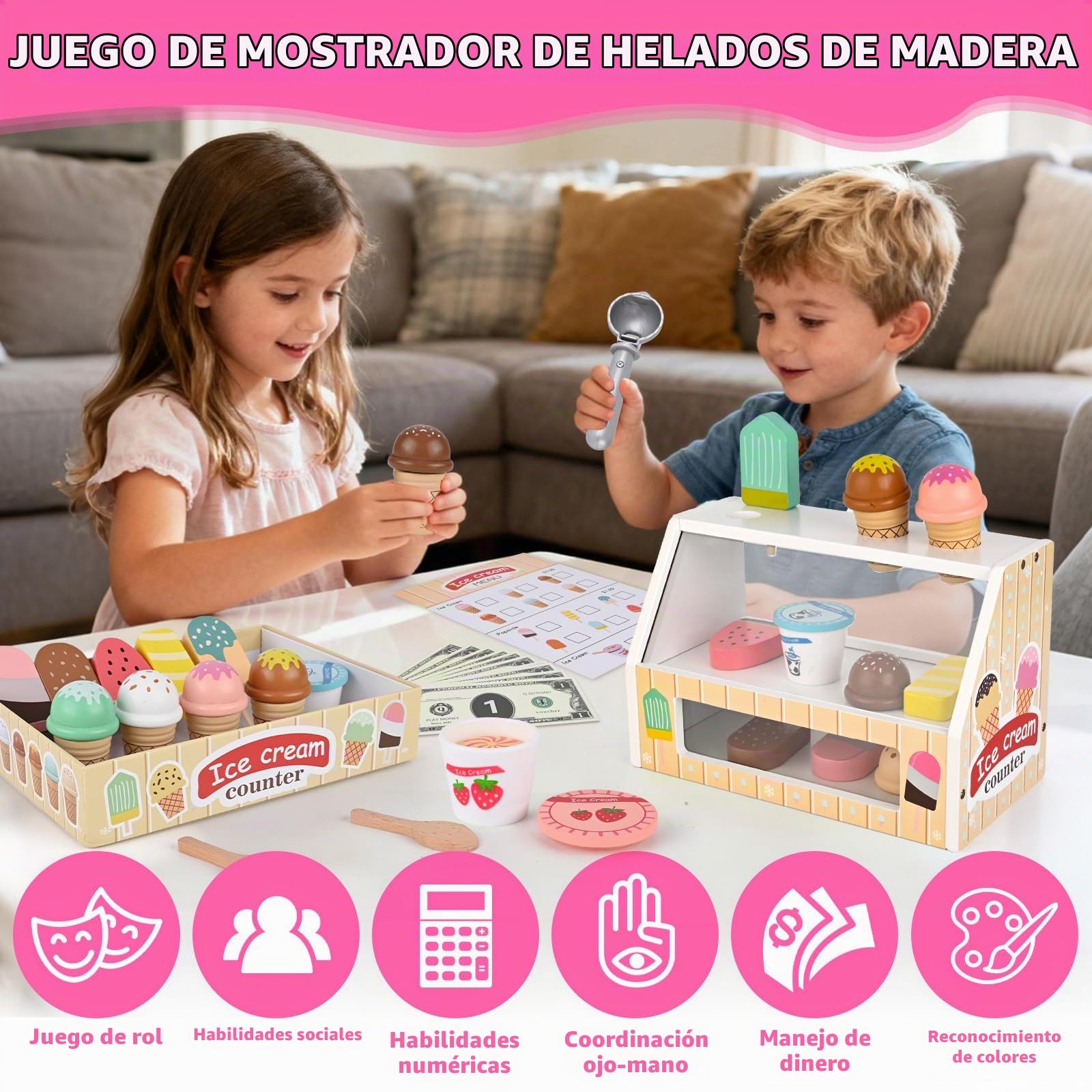 Heladeria Juguete, Diealles Shine 45 Piezas Helados Juguetes de Madera, Juegos de rol Cocinita Infantil para Regalo Niño