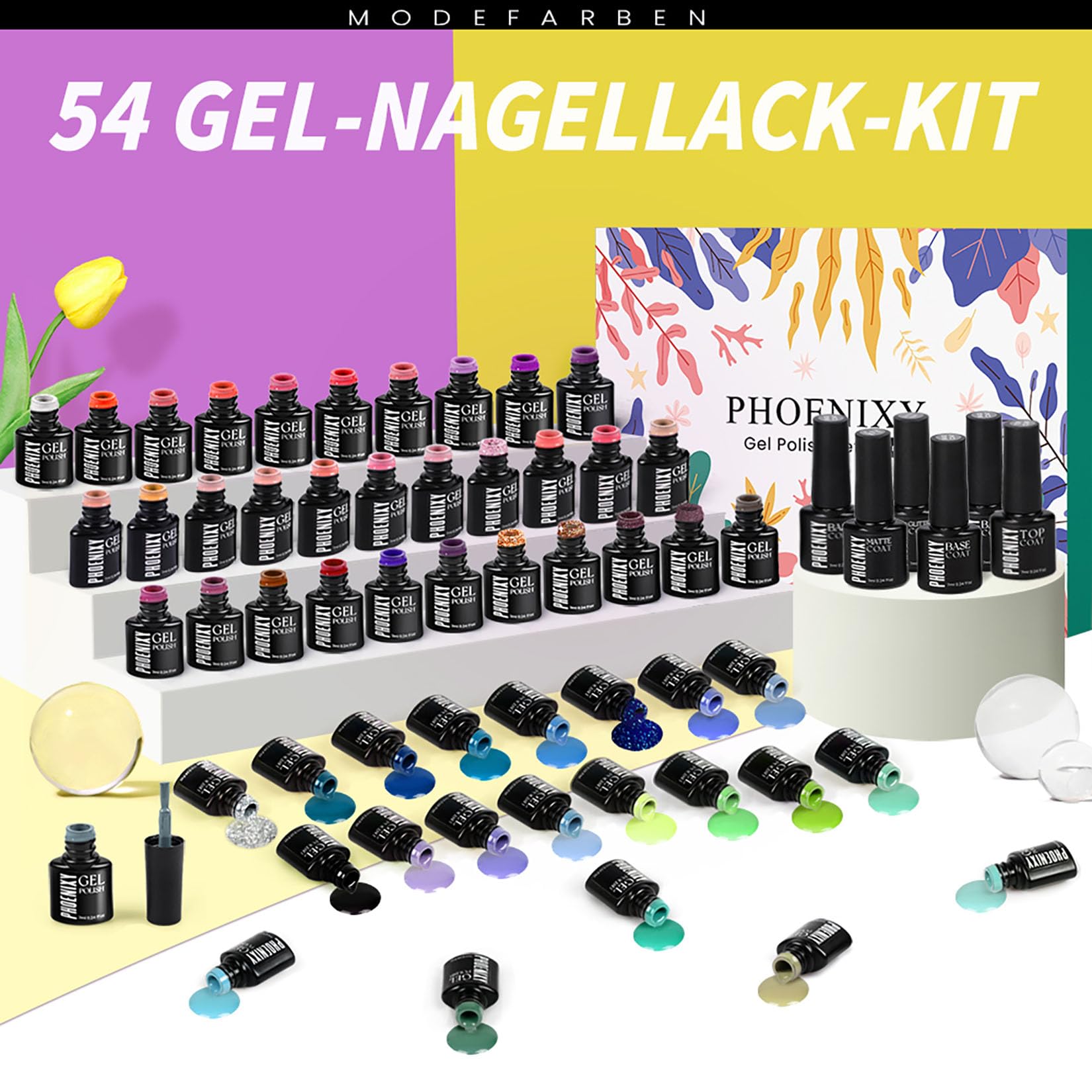 Phoenixy UV Nagellack Set, 54 Farben Gellack mit Base, Top, Matt & Glitzer Coat, Rosa Blau Lila Gel Nagellack UV, Nageldesign für Zuhause, Geschenk für Frauen