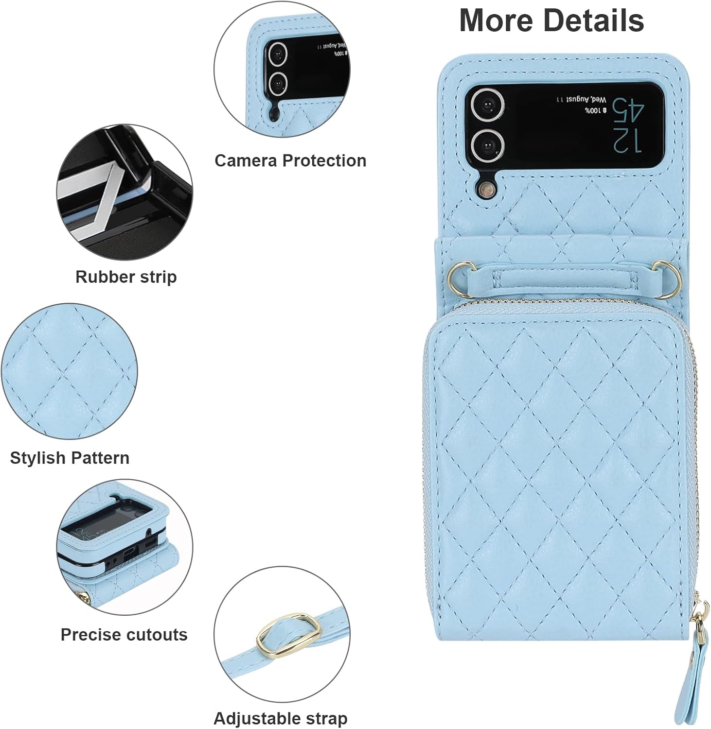 KIHUWEY for Samsung Galaxy Z Flip 4 Wallet Case, Crossbody Zipper Purse with Credit Card Slot Holder RFID Blocking PU Leather Adjustable Lanyard Detachable Strap Wrist for Women（Blue