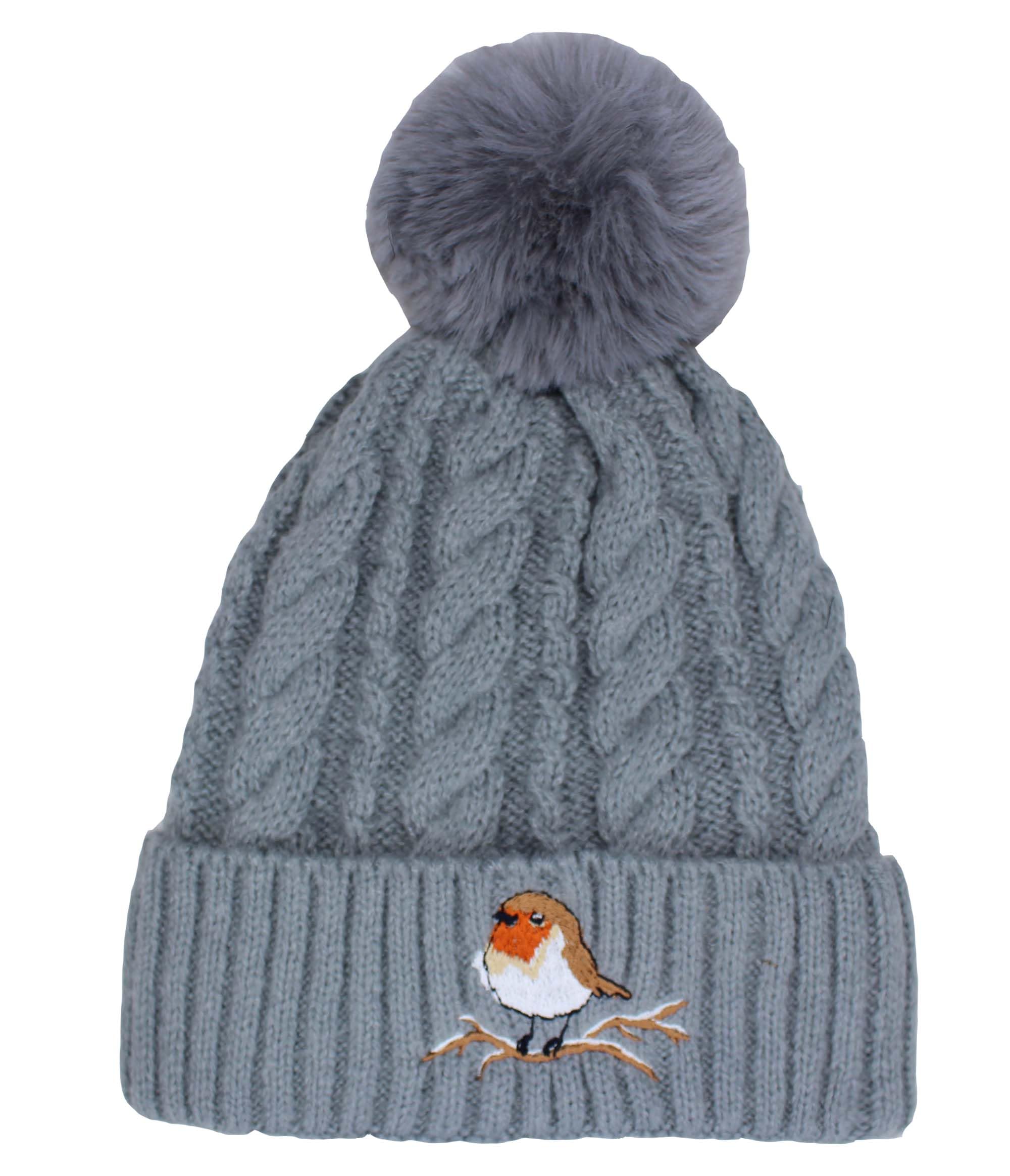 Teddyt's Women's Grey Robin Embroidered Luxury Fleece Lined Bobble Hat (Grey)