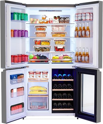 36 Inch Refrigerator and Freezer, 21 Cu. Ft Counter Depth Fridge French Door Refrigerator with Wine Cooler, 4-Door Fridge with Automated Defrost & Touch Screen, Interior LED Light