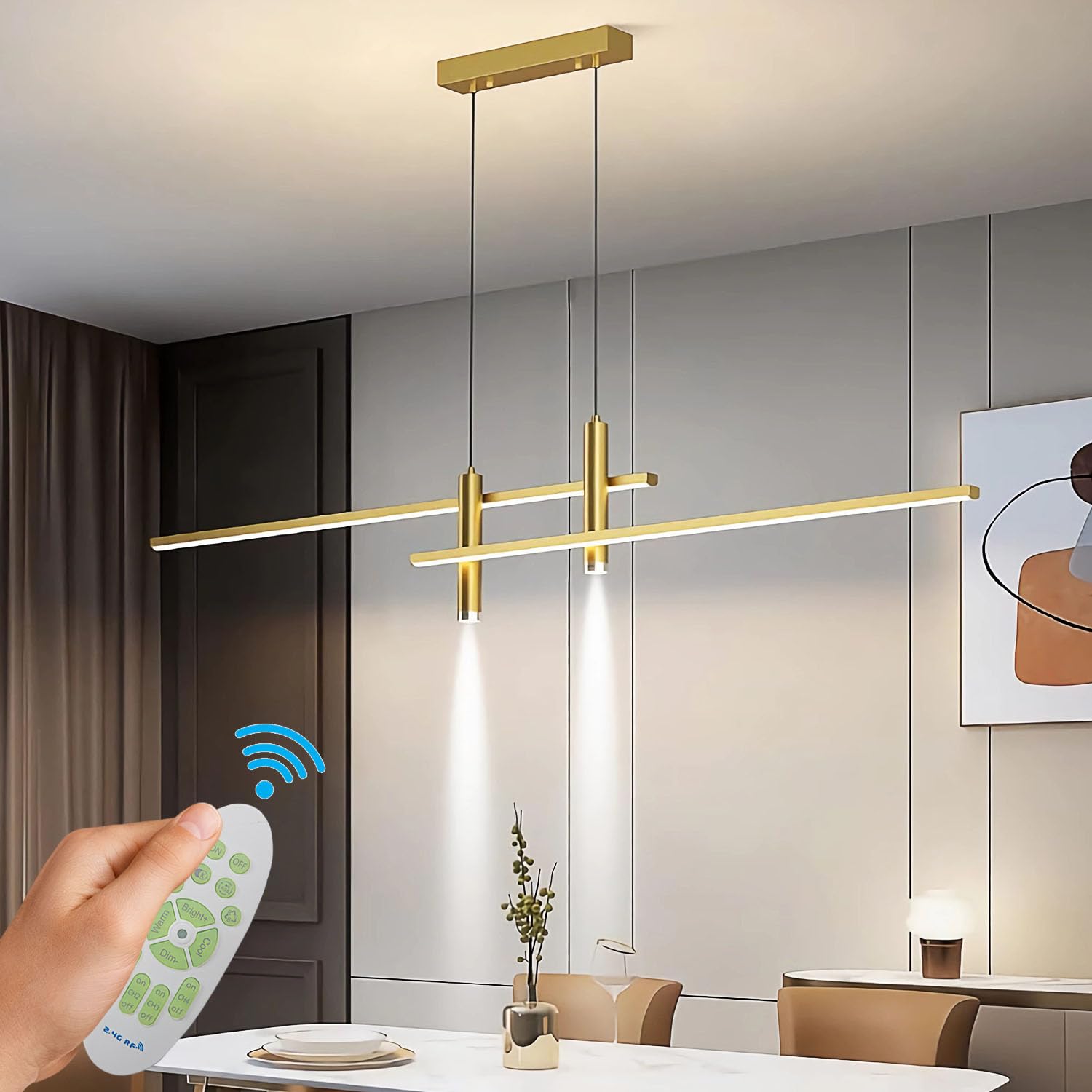 WHLL Suspension Luminaire LED Moderne Lustre Cuisine Dimmable Luminaires Intérieur Salle à Manger Hauteur Reglable Suspensions D'éclairage Intérieur Lustre Salle à Manger avec Telecommande Noir 95cm