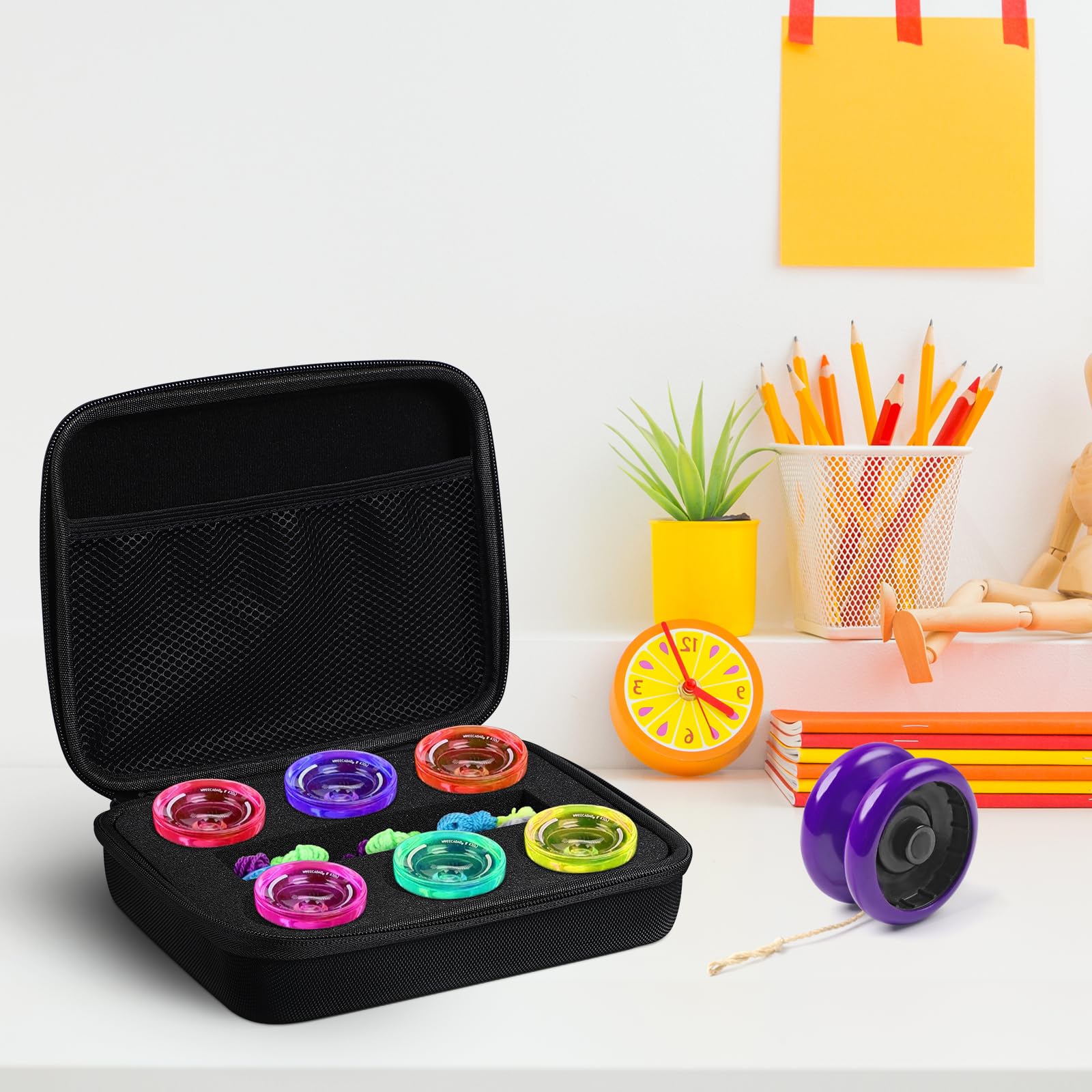 HEMOTON EVA Shell Yoyo Ball Storage Bag, Professional Yoyo Case with Dual Zipper, Yo-Yo Carry Bag with Handle for Outdoor Equipment Protective Bag, 6 Yoyo Storage Holes (Black)