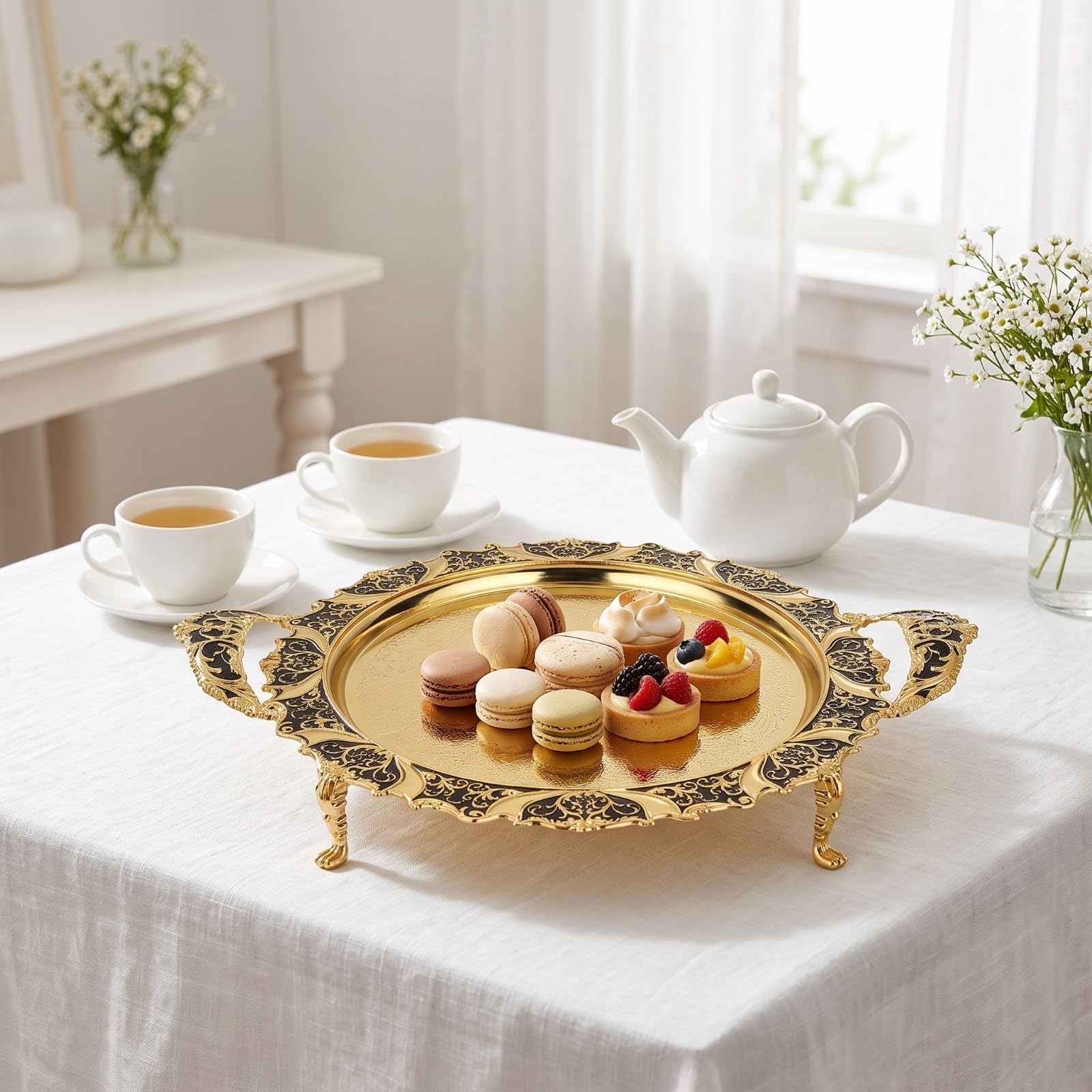 Bandeja con Borde Repujado Elegante | Diseño Vintage Elegante, Bandeja Aleación Zinc, Brillante, para Bo, Hoteles, Plata