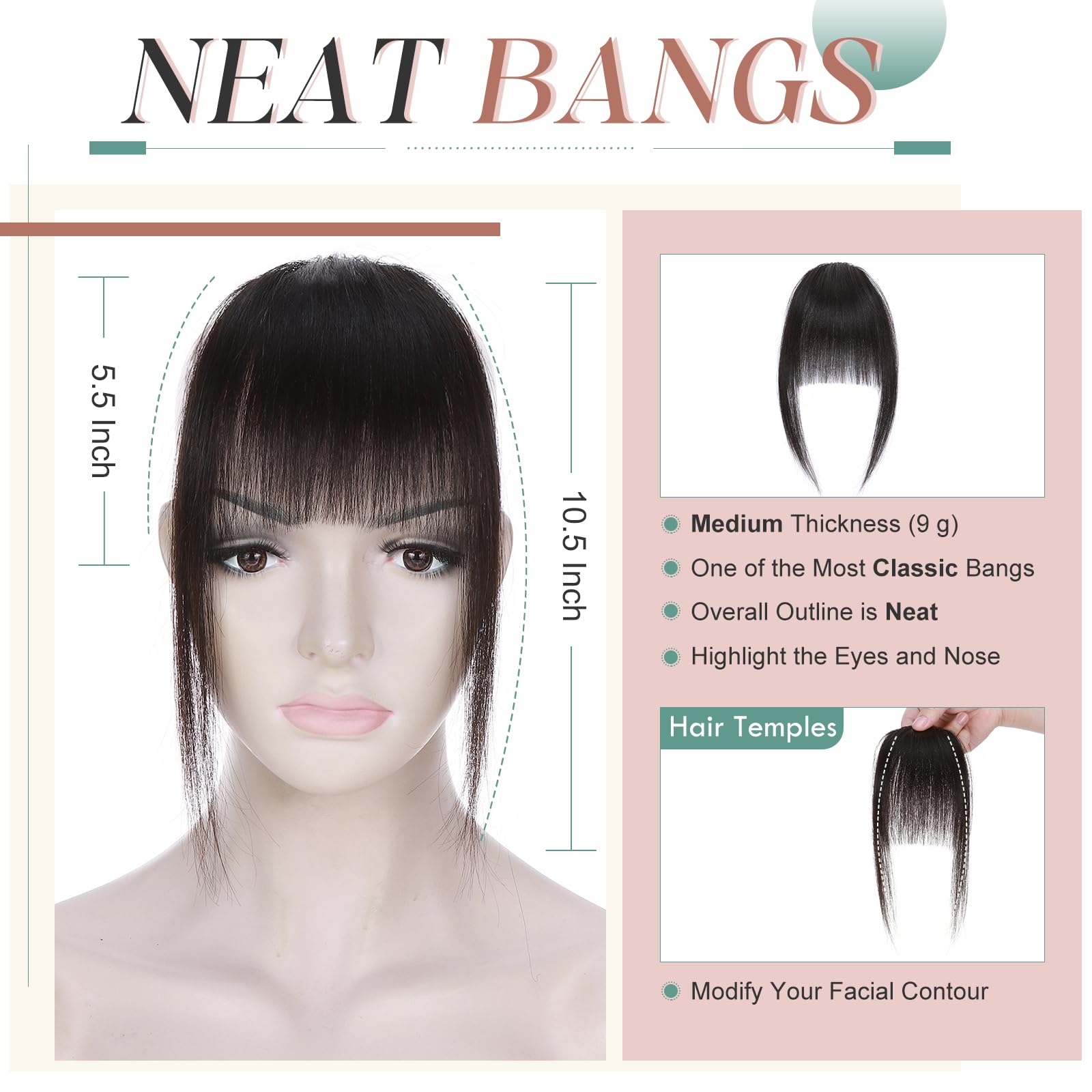 Elailite Clip in Bangs Neat Fringe with Temples Real Natural Human Hair Extensions Clip on For Women - #1B Natural Black - Image 3