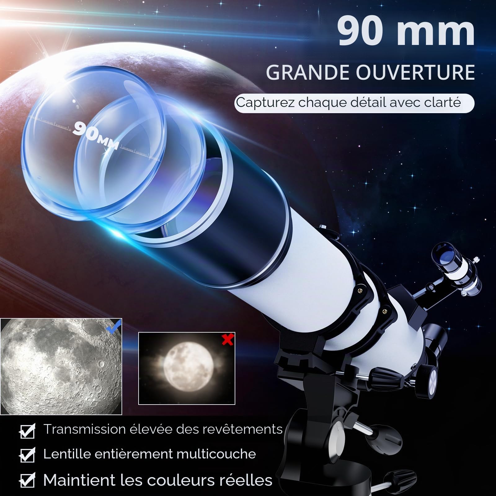 Télescope réfracteur de 800 mm de focale et d'ouverture de 90 mm, idéal pour débutants et Adultes. Grossissement de 32x à 240x. Lentille de Barlow 3X et Adaptateur pour téléphone Inclus (Blanc)