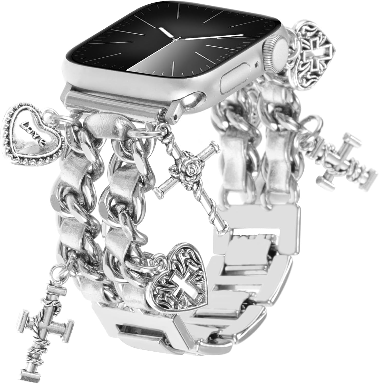Stylish Metal Bands Compatible with Apple Watch Band 49/46/45/44/42mm 41/40/38mm Women,Cuban Chain Band with Cute Pendants Love Cross Charms Strap for iWatch Series 11 10 9 8 7 6 5 4 SE/Ultra 3 2 1 image 4