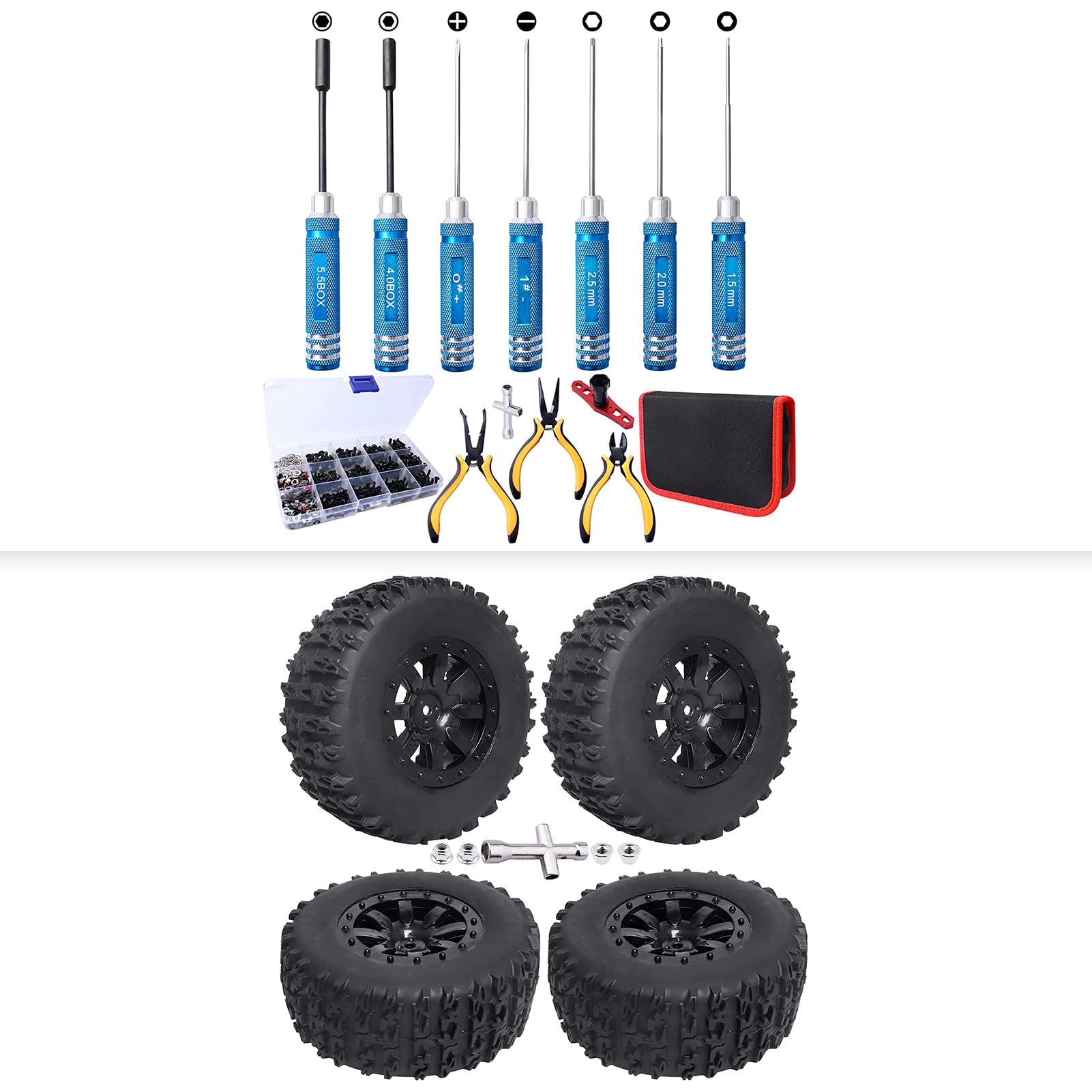 RC Short Course Truck Tires and Wheels & RC Screwdriver Set Screw Kit Pliers Wrench for Traxxas Slash 4x4 2WD Redcat Blackout