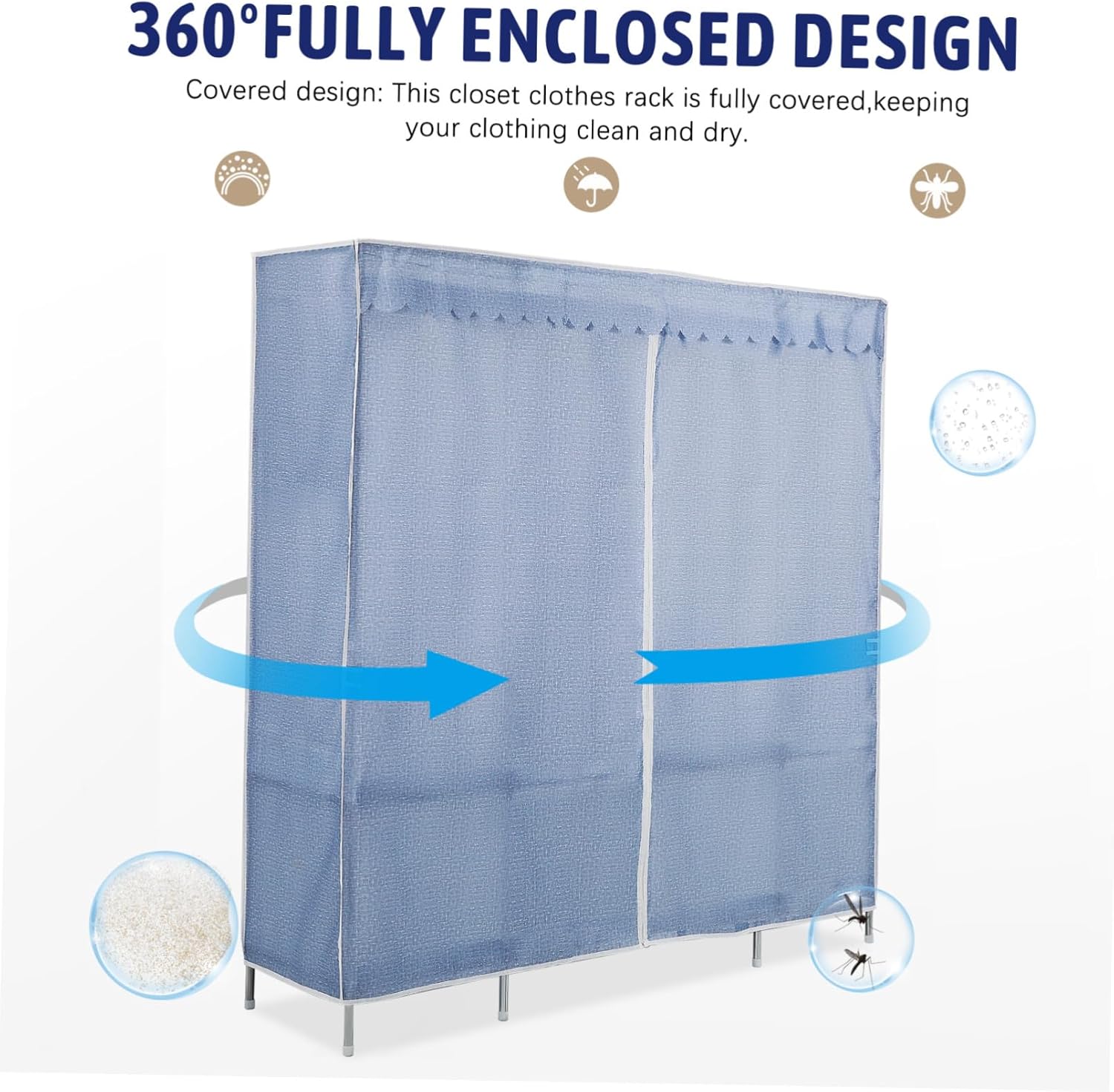 PRETYZOOM Portable Closet Organizer Closed Design Sturdy Frame and Cover Capacity Wardrobe Storage for Bedroom and Dormitory Moonlight