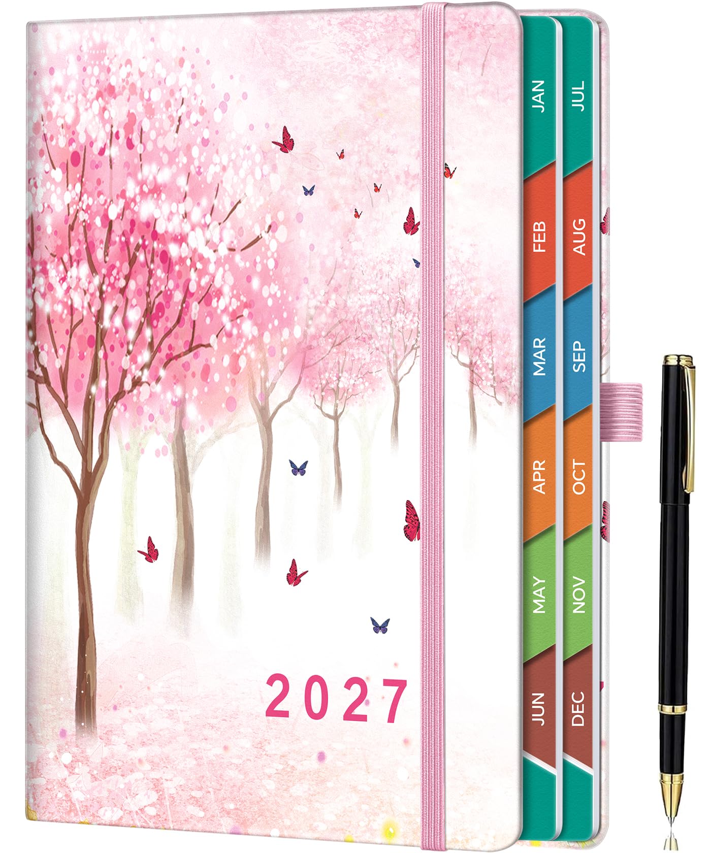 ZXHQ 2027 Diary Page a Day A5, Jan - Dec, with Colorful Tabs, UK Holidays, Inner Pocket, 100 Gsm Paper, Pen Set, Full Year Daily Planner 2027 with Monthly View, 5.9" × 8.5" - Blossom Dream