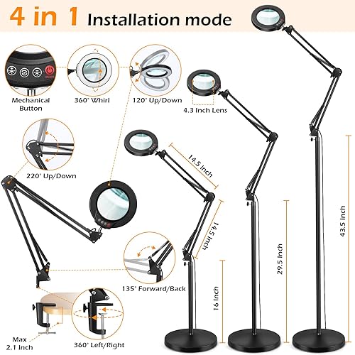 Miniatura 3 de Krstlv - Lupa 8X con luz y soporte, LED 4 en 1, 5 modos de color, lámpara de pie regulable sin escalones, lámpara de pie con brazo oscilante