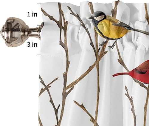 Miniatura 8 de Cenefa de Navidad para ventanas, pájaros en un árbol, cortina de cocina, cenefas con bolsillo para barra, cortina de ventana de pájaro amarillo y