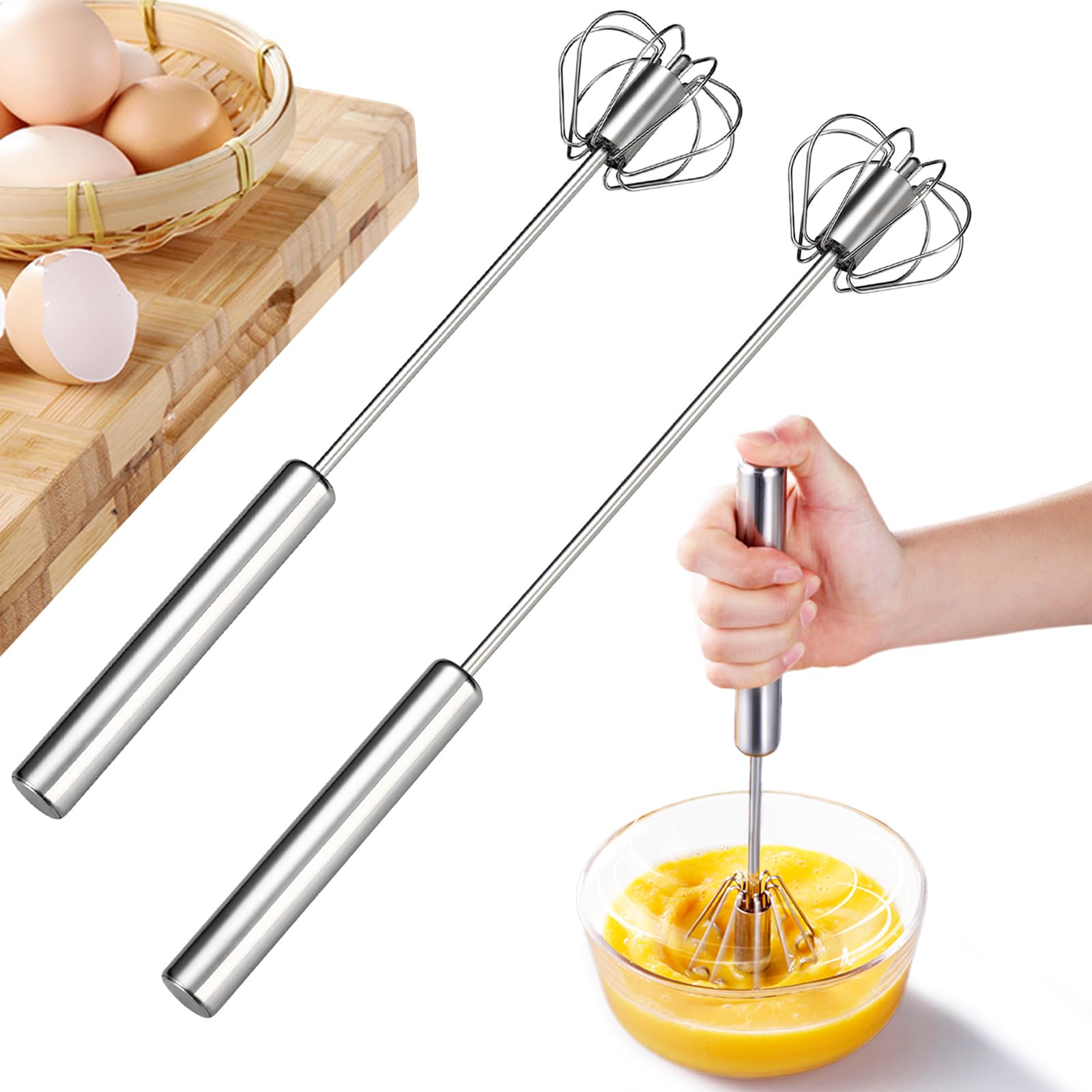 Badaren Fouet De Cuisine Semi-Auto - 2 Tailles (10 Et 12 Pouces) - Acier Inox - Sans Électricité