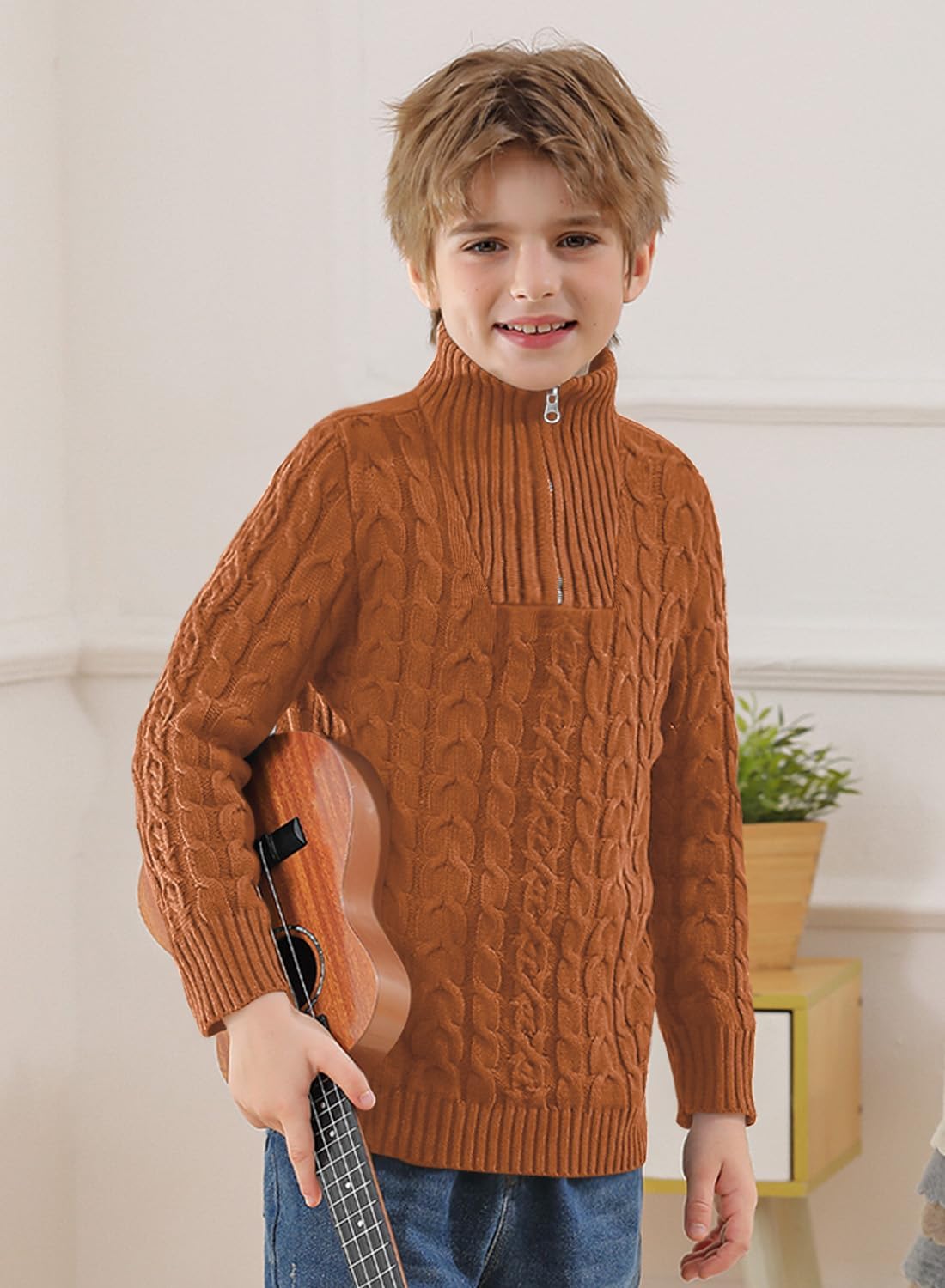 Boys Winter Warm Cable Knit Sweaters Cute Turtle Neck Casual Quarter Zip Pullover 3-14 Years - Image 5