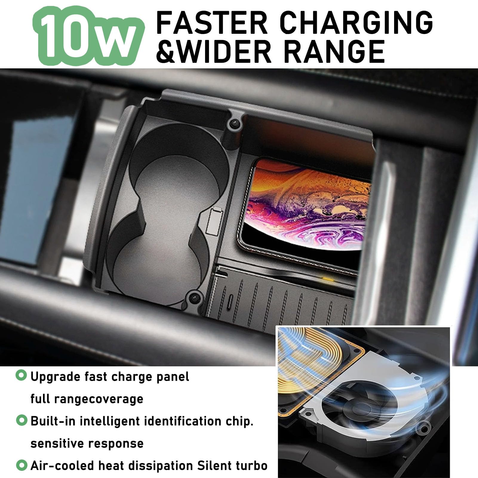 Caricatore Da Auto Wireless per Tesla Model S/X 2017-2021 Tutti I Modelli con 10w Fast Charge Upgrade Accessori Sistema Di Raffreddamento A Doppio Canale D'Aria
