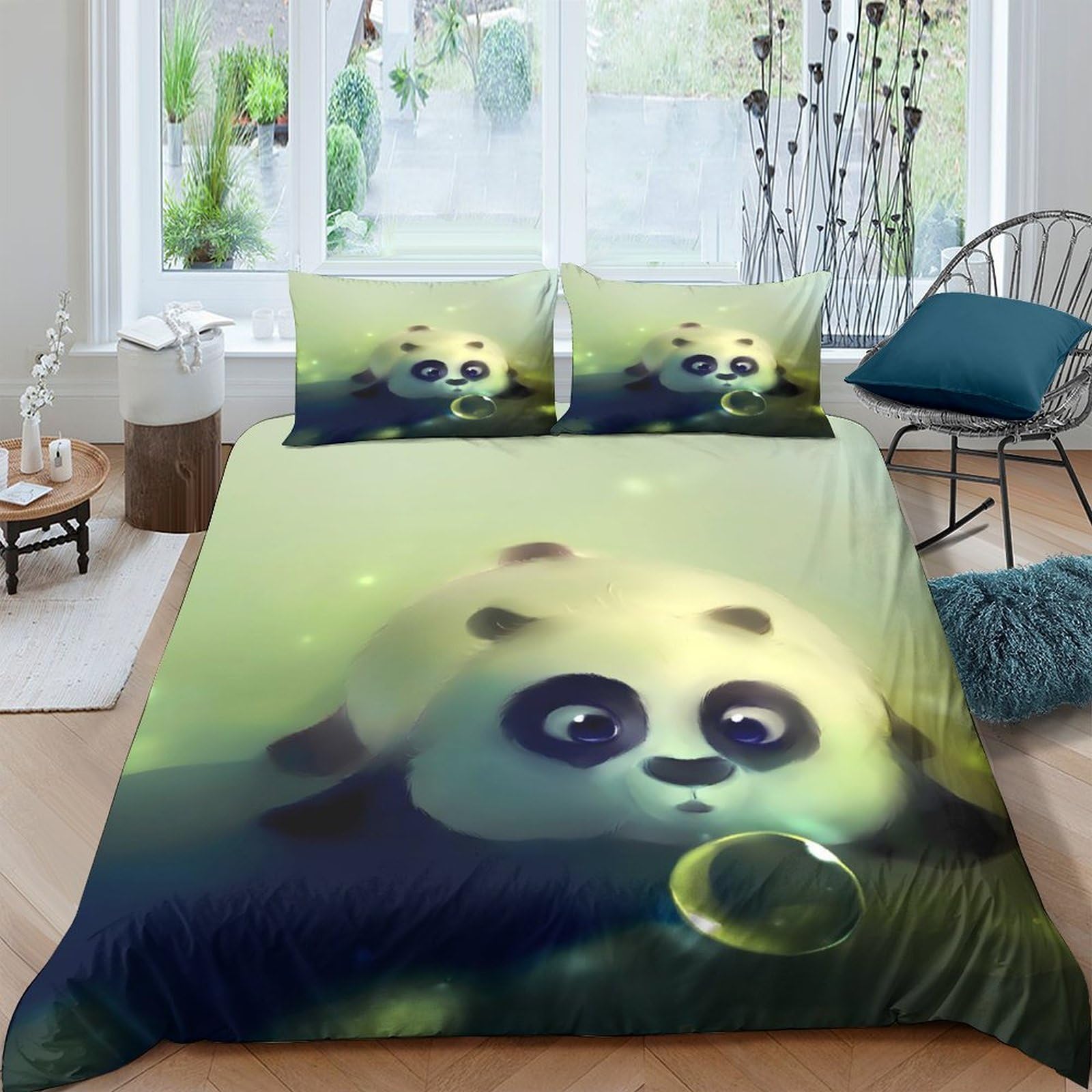 Ctjqhvkz Style-8 3D Printed Cute Panda Fitted Sheet Microfiber Soft Breathable Green Bubble Mattress Cover For Bedroom Dorm Decor Single（135X200cm）