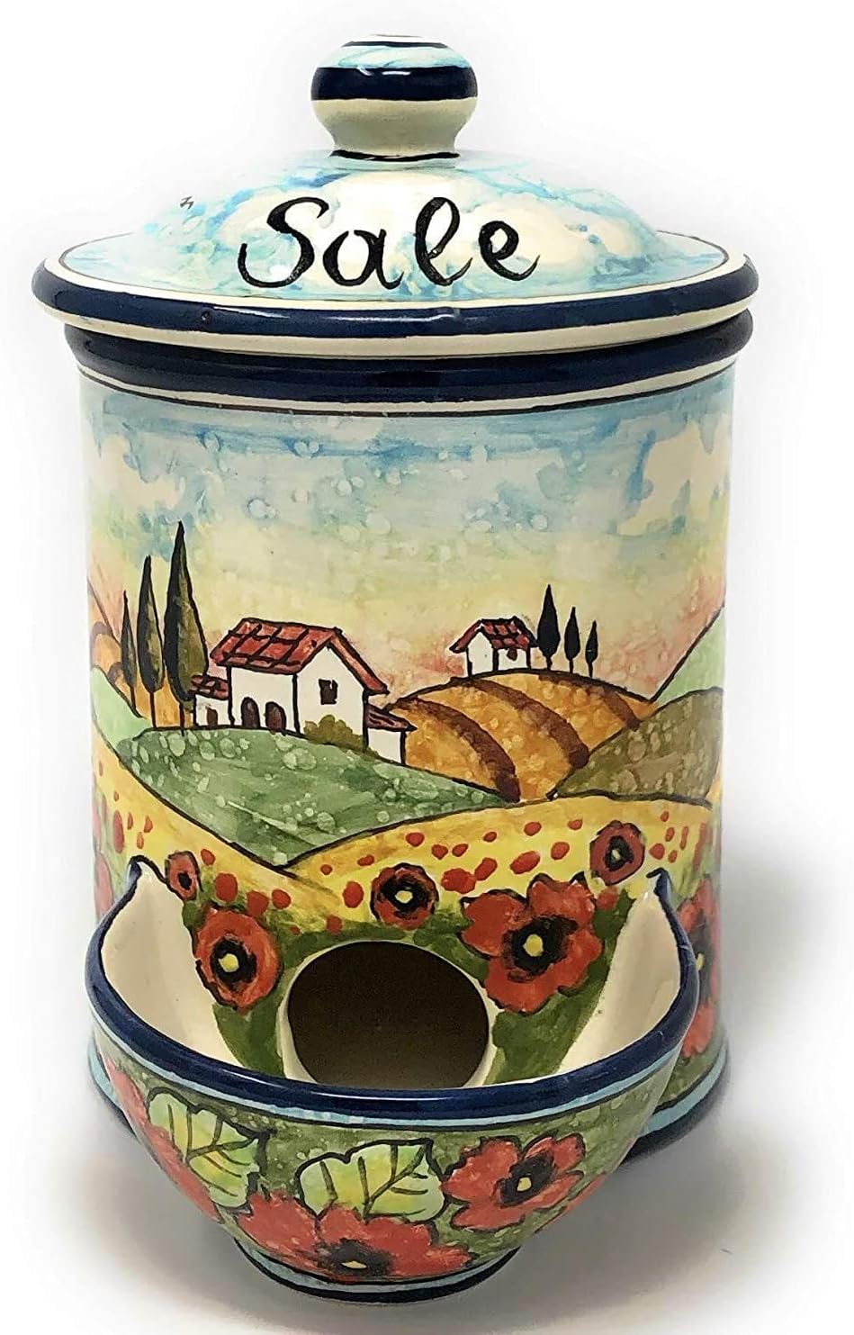 CERAMICHE D'ARTE PARRINI- Italian Ceramic Jar Salt Holder Decorated Poppies Landscape Hand Painted Made in ITALY Tuscan Art Pottery