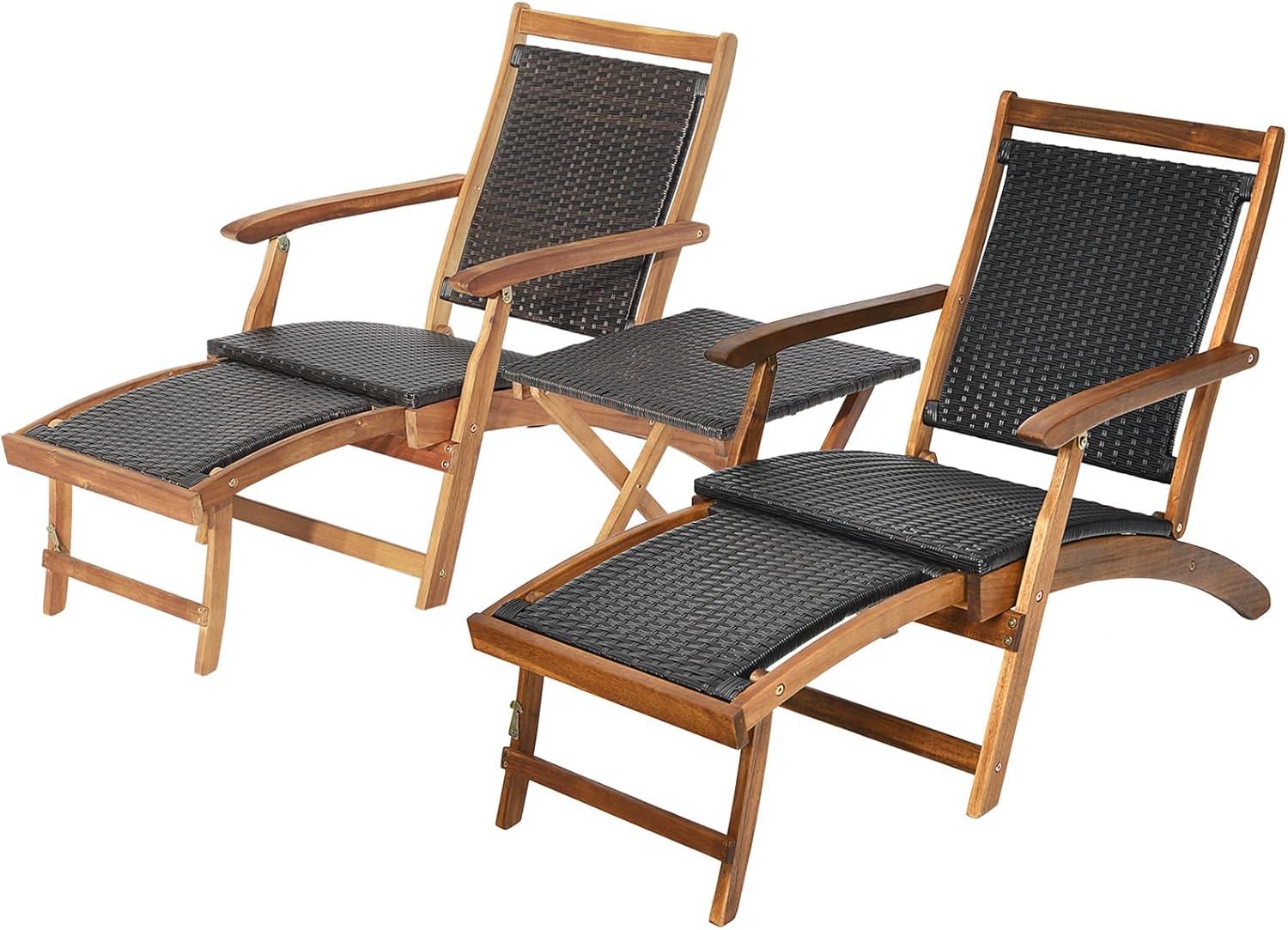HAPPYGRILL Patio Lounge Chair Set of 3, Outdoor Acacia Wood Rattan Wicker Chaise Lounge w/Side Table, Deck Chair w/Armrest & Retractable Ottoman, for Backyard, Poolside