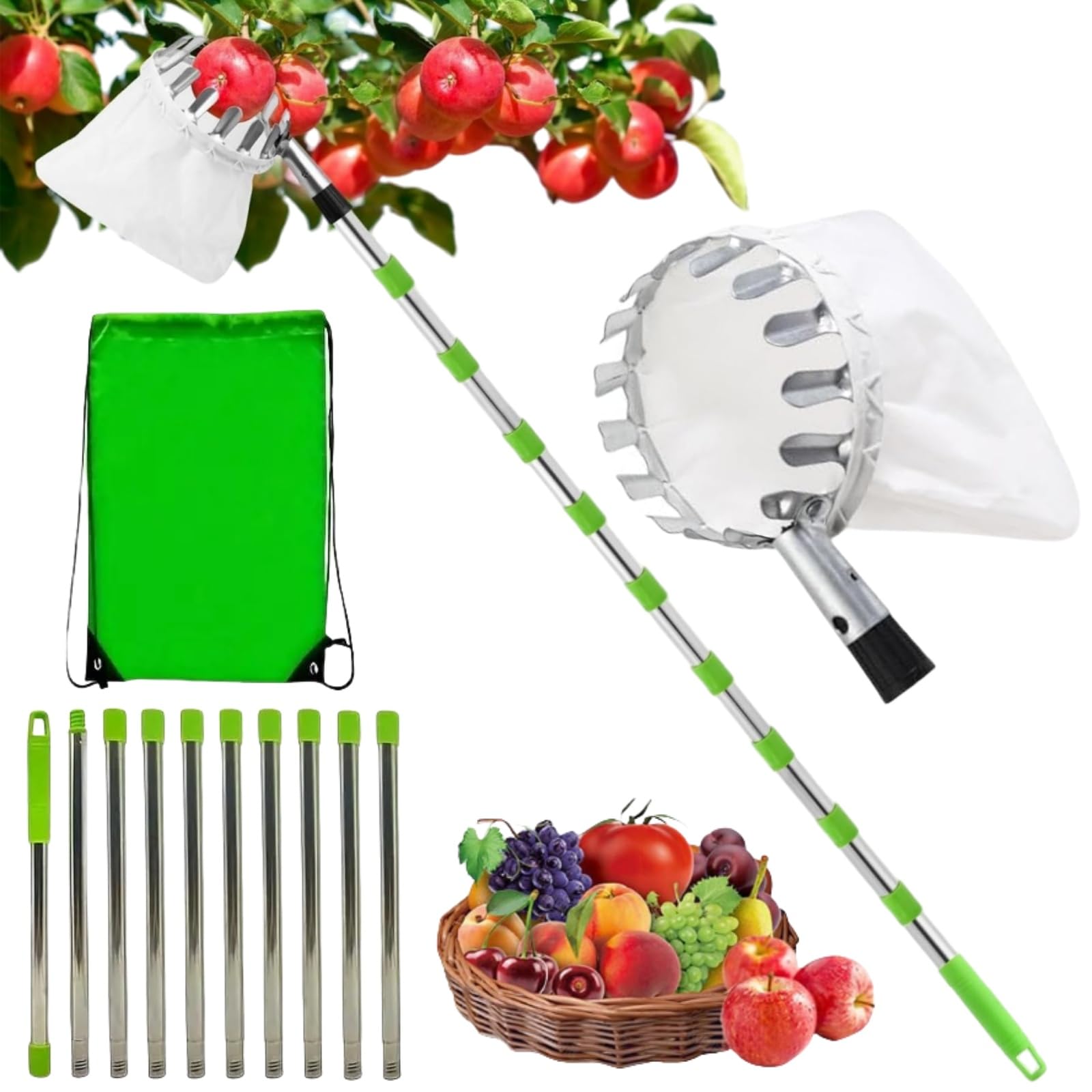Recolector de Frutas,Recoge Frutas Telescopico,Recogedor de Frutas con Varillas de Extensión,Recogedor de Frutas Acero Inoxidable Ligero y Bolsa de Tela,Recogedor de Frutas con Mango Telescópico