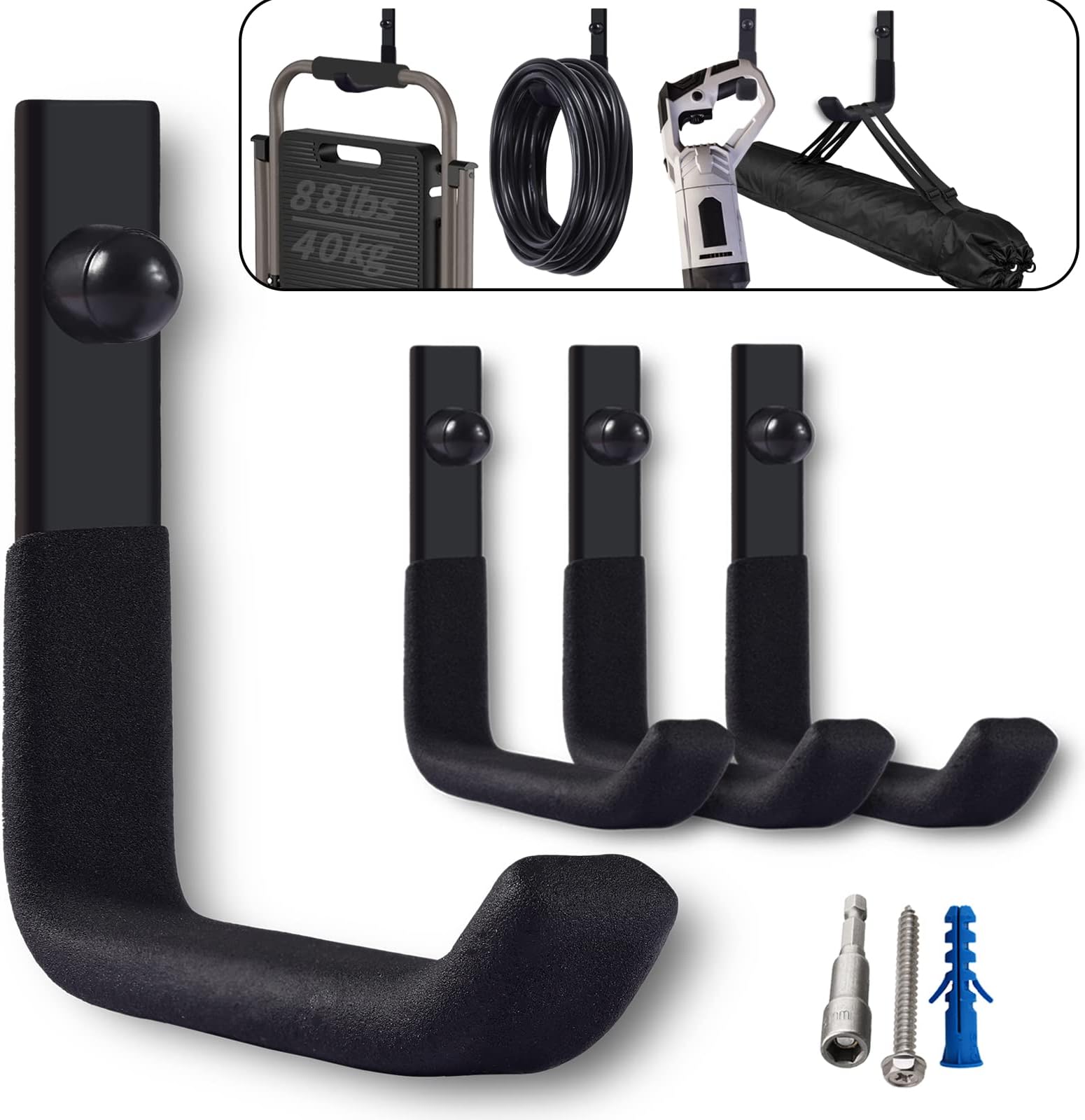 4 Pack Garage Storage Hooks, Ladder Hangers, Steel Wall Mount Hooks