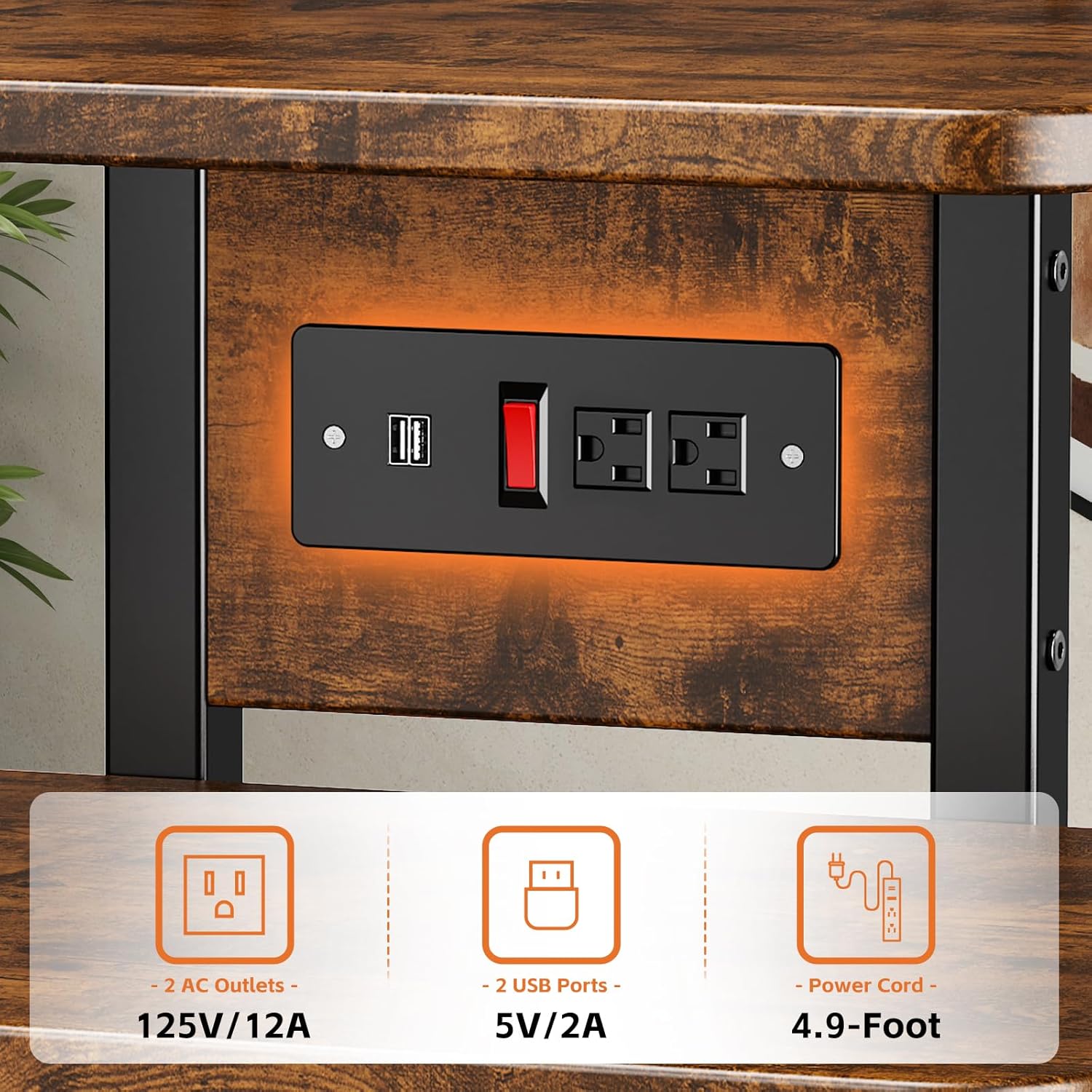 CABTE Mobile AV Media Stand with Outlets and 4 Rolling Caster Wheels, 4-Tier Rolling TV Stand for Gaming Console, Stereo, DVD Player, Sturdy Metal Frame, Versatile Living Room,Bedroom (Retro Brown)