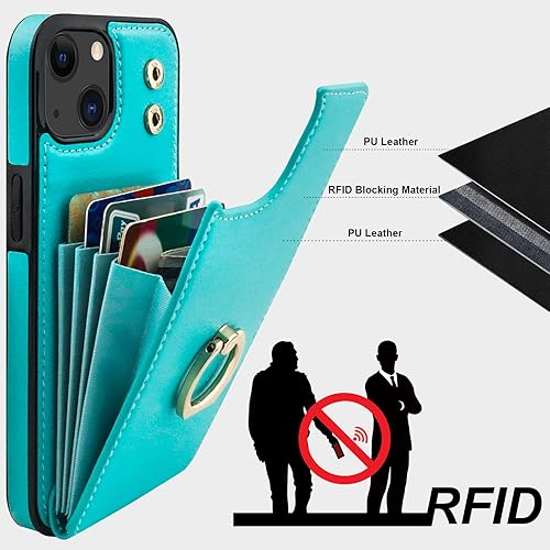 Miniatura 5 de Folosu Funda compatible con iPhone 13, cartera con tarjetero y rotación de 360, soporte de anillo de dedo con función atril, bloqueo RFID, piel