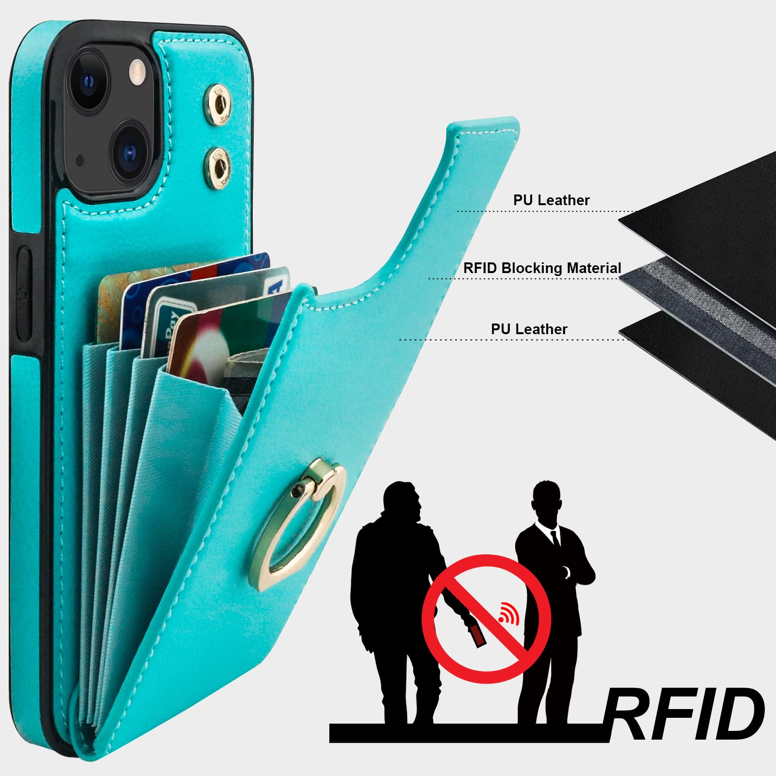 Folosu Custodia Portafoglio Per IPhone 13 Con Porta Carte E Anello Girevole 360° - Protezione Antiurto, Blocco RFID, Pelle PU Rossa