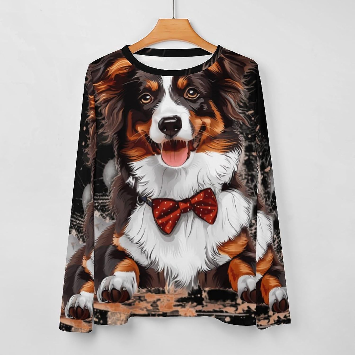 Australian Shepherd Dog with Bowtie Women's Pajama Top Sleepwear Pajamas Sleep T-Shirt Long Sleeve Shirt Crewneck Tee