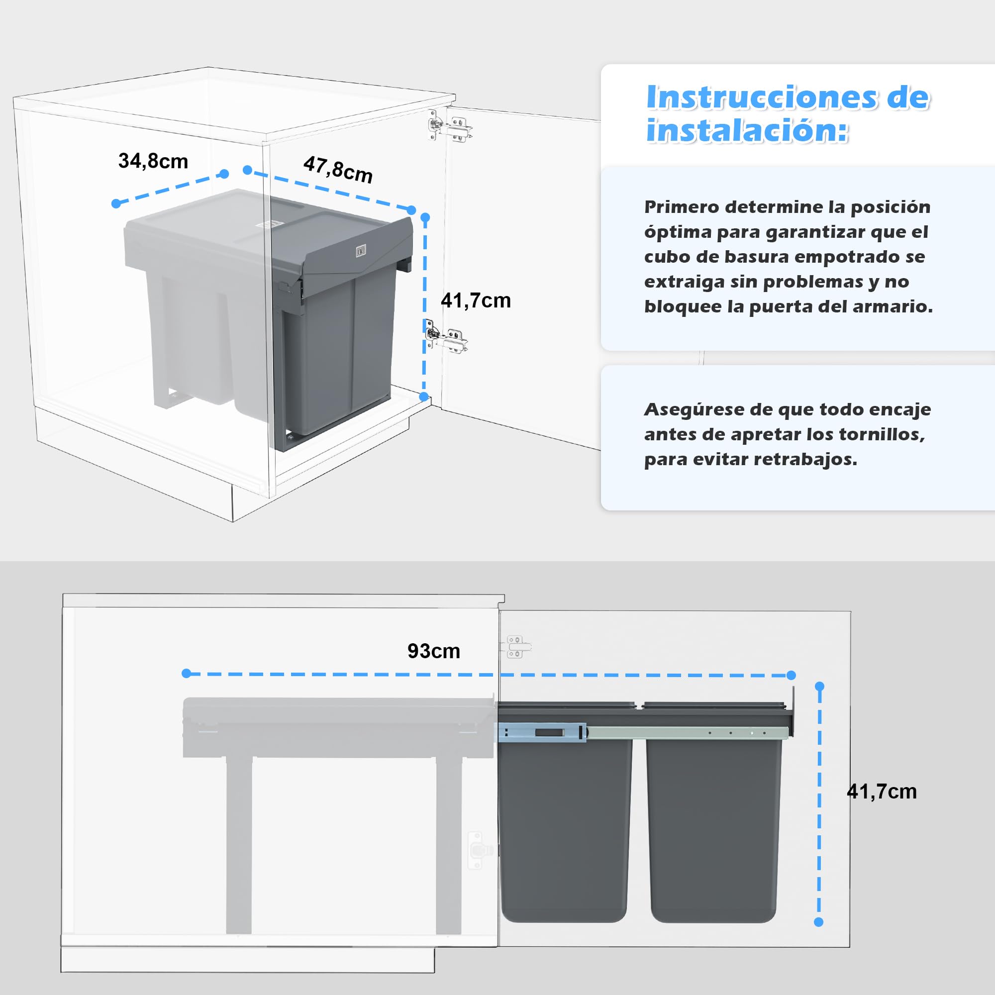 LVJ Mejorado 40L Cubo de Basura Empotrable para la Cocina, Sistema de Separación, 2 Compartimentos, Deslizante, 2 x 20 L, Tamaño: 47.8 x 34.8 x 41.7 cm, Gris