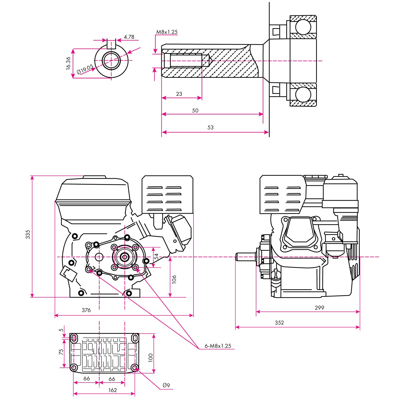 EBERTH Motor de Gasolina 6,5 CV 4,8 kW Motor de Kart estacionario con Reductora 2:1, Motor de Gasolina con Eje de 19,05 mm Ø, Corte de Aceite bajo, 4 Tiempos, 1 Cilindro, cilindrada 196 CCM