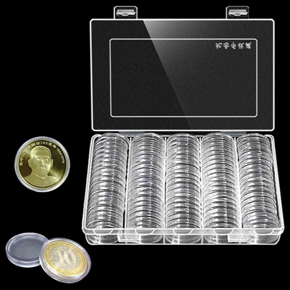 100 Stück Münzboxen Rund – 30mm, Transparent, Kunststoff, Mit Sicherheitsverschluss