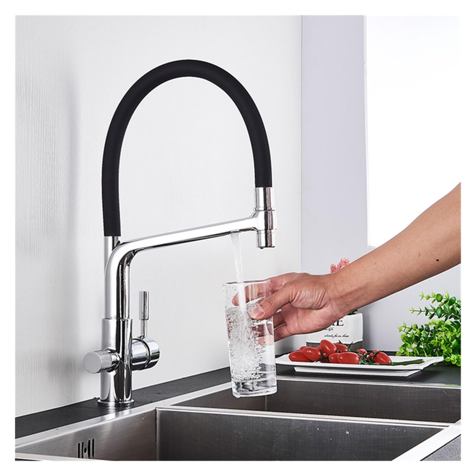 Robinet de cuisine à filtre noir pivotant 360° avec mitigeur eau potable double bouche