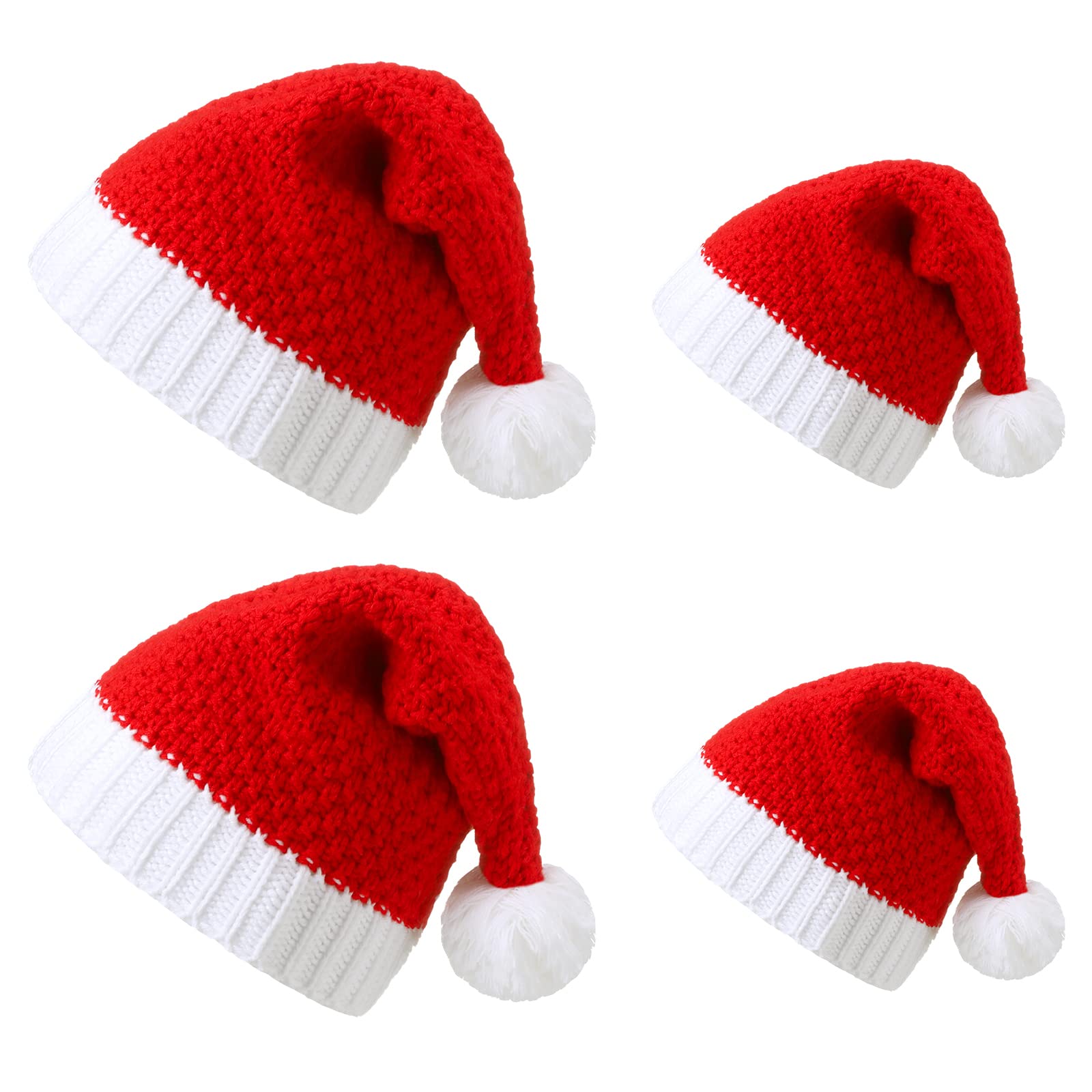 Weihnachtsmütze für die Familie, passende Weihnachtsmütze, rot und weiß, gestrickt, gehäkelt, Weihnachtsmannmütze mit Bommel, warm, für Eltern und Kinder, 4 Stück