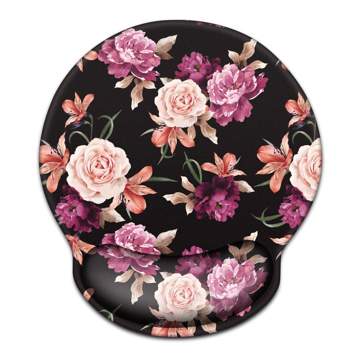 WAVEYU Mouse Pad with Wrist Support, Cute Designed Mouse Mat, Non-Slip Rubber Base Mousepad for Laptop, Computer, Black Flower