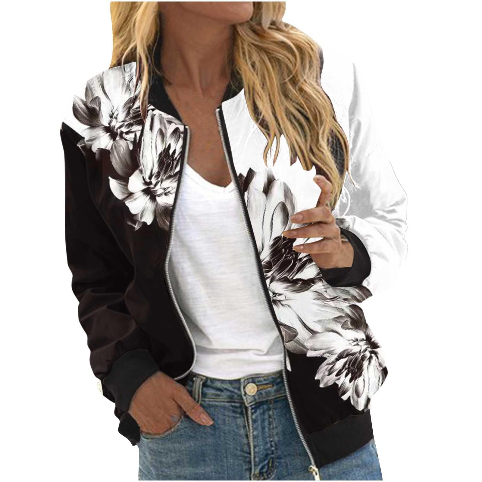 Bomberjacke Damen Frühlingsjacke Blumenmuster Leichte Sommerjacke Sommer Reißverschluss Kurz Pilotenjacke Blouson Jacke Dünne Langarm Übergangsjacke College Jacket Mädchen Fliegerjacke Damenjacke