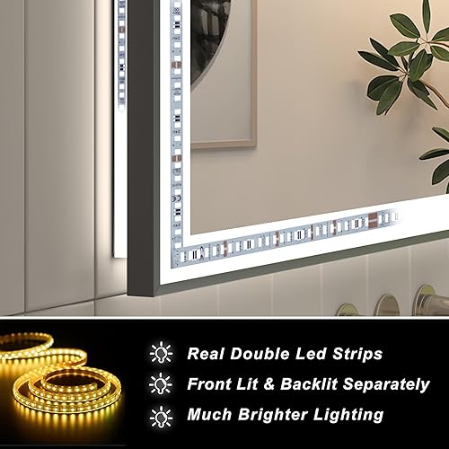 Miniatura 2 de Espejos de baño LED de 55 x 30 pulgadas con marco negro montado en la pared, espejos de tocador iluminados con luces, regulables, antiniebla,