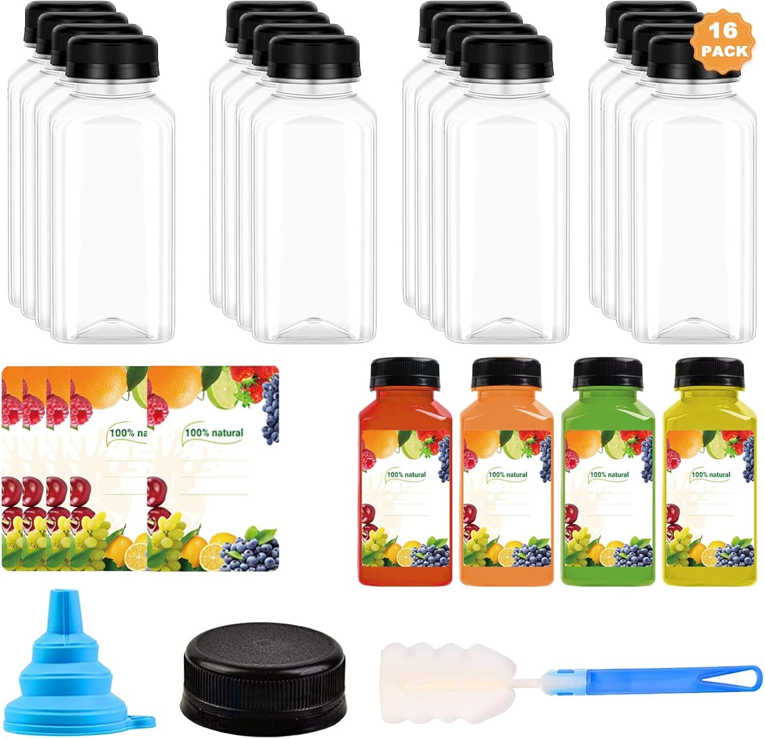 DMSELL 16 Pack 8oz(250ml) Plastic Juice Bottles With Tamper Seal Lids